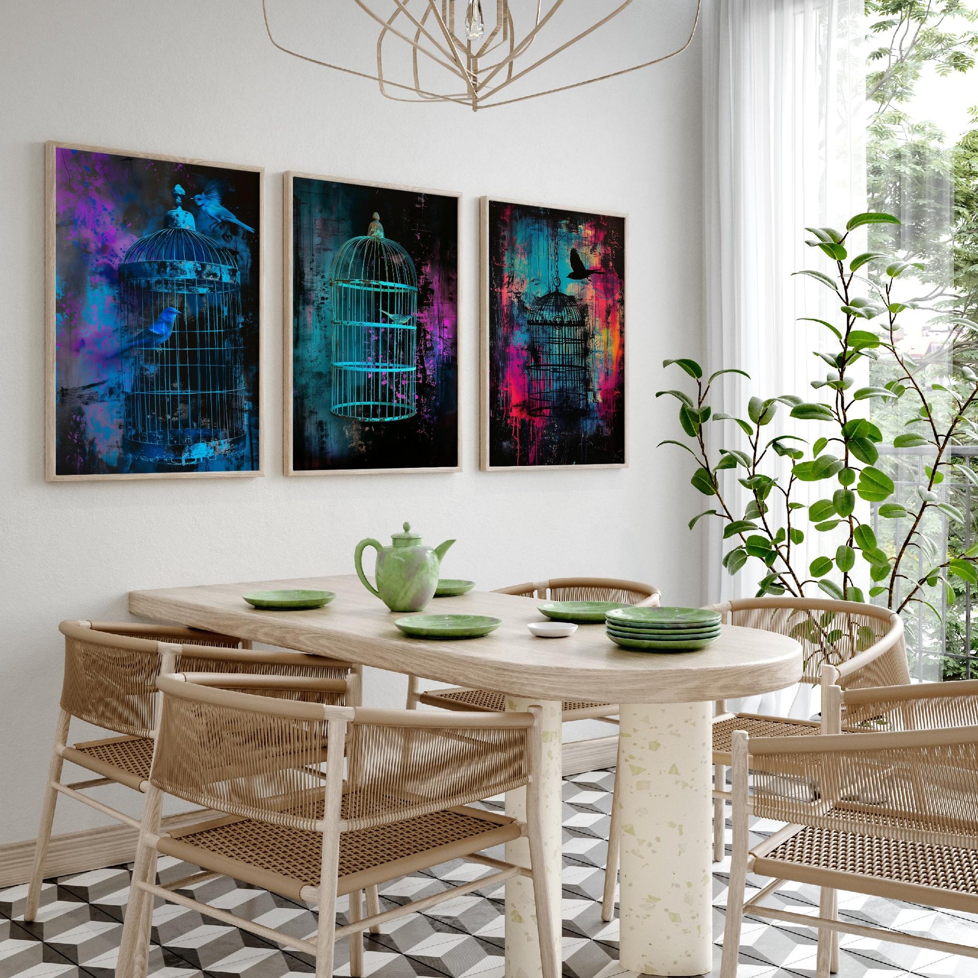 Blue Bird Cage Set of Three Art Prints - Neon Grunge Birdcage Posters - Teal Pink Street Art Style Illustration Wall Decor
