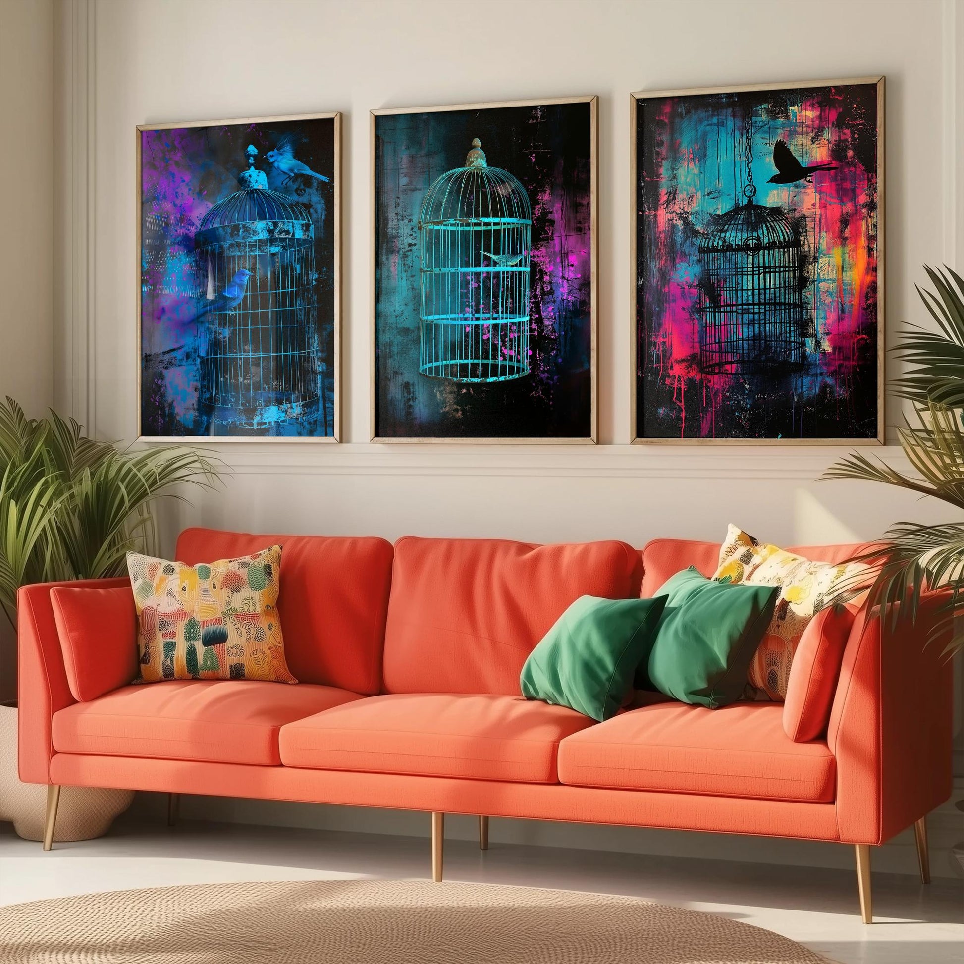 Blue Bird Cage Set of Three Art Prints - Neon Grunge Birdcage Posters - Teal Pink Street Art Style Illustration Wall Decor