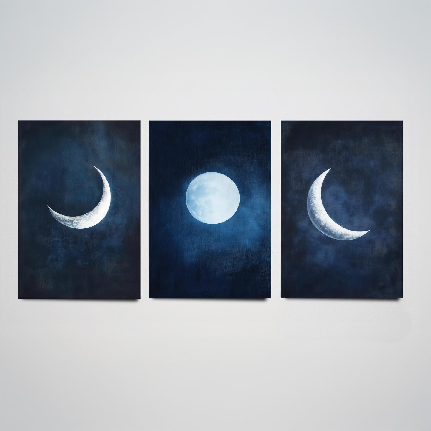 Moon Phases Set of Three Art Prints - Navy Blue Crescent and Full Moon Posters - Celestial Night Sky Painting Wall Decor