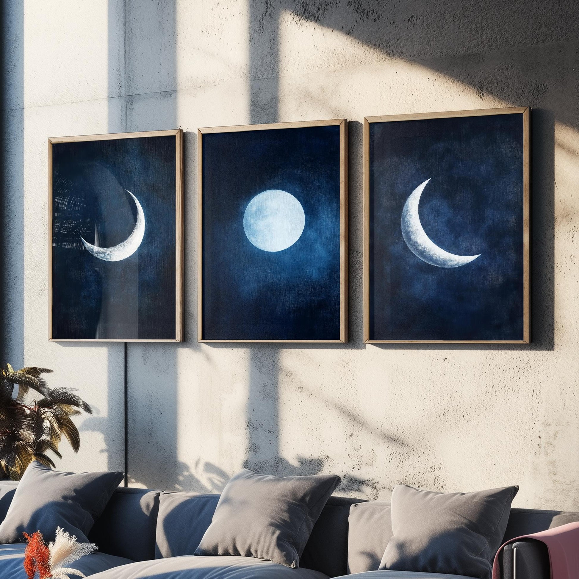 Moon Phases Set of Three Art Prints - Navy Blue Crescent and Full Moon Posters - Celestial Night Sky Painting Wall Decor