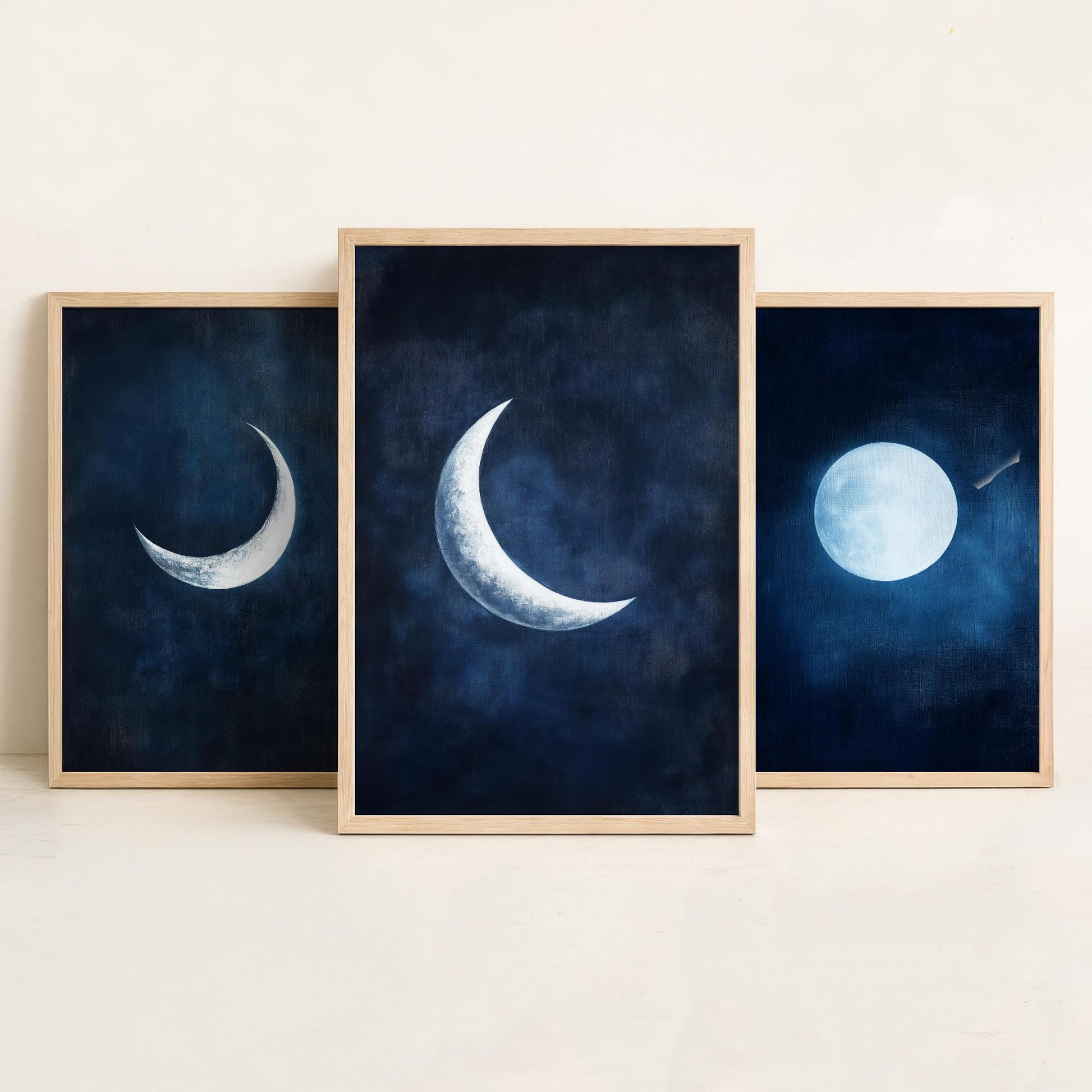 Moon Phases Set of Three Art Prints - Navy Blue Crescent and Full Moon Posters - Celestial Night Sky Painting Wall Decor