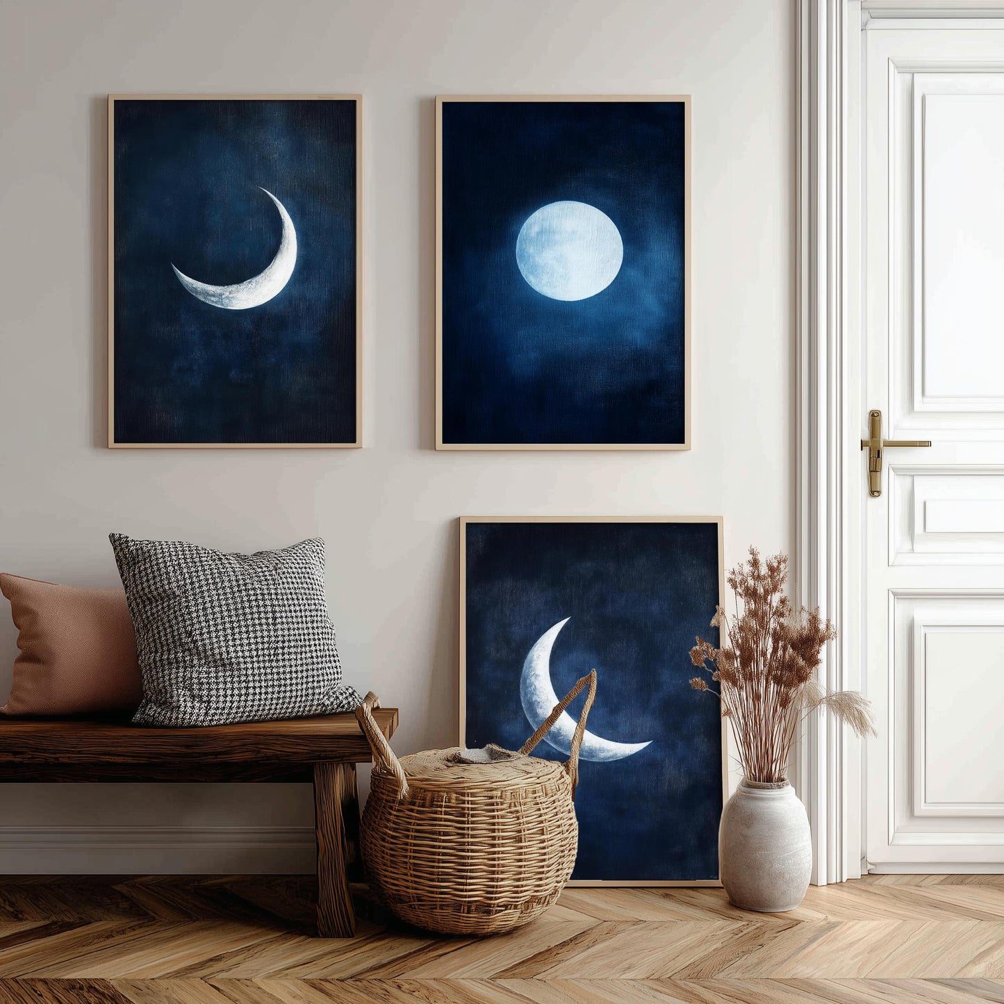 Moon Phases Set of Three Art Prints - Navy Blue Crescent and Full Moon Posters - Celestial Night Sky Painting Wall Decor
