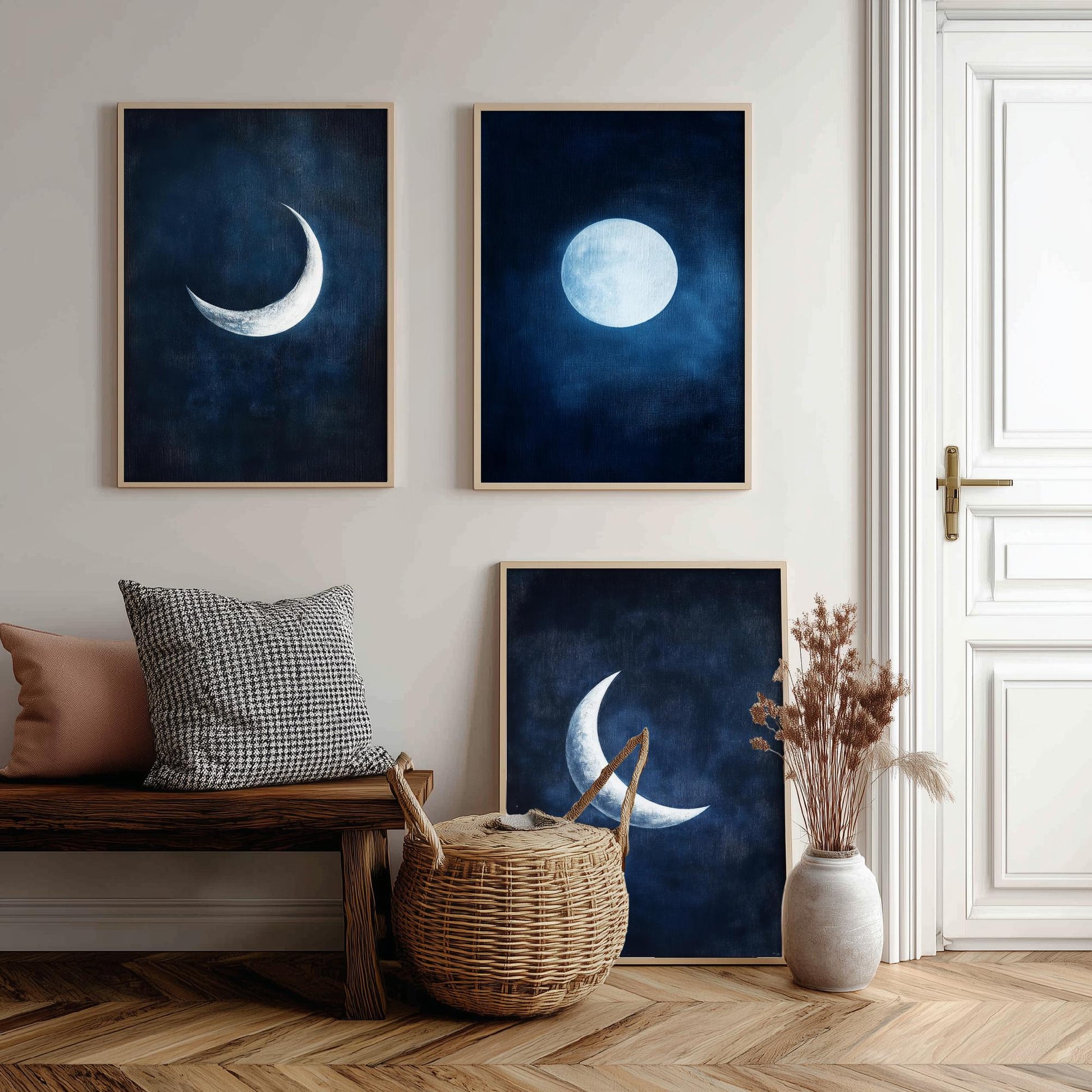 Moon Phases Set of Three Art Prints - Navy Blue Crescent and Full Moon Posters - Celestial Night Sky Painting Wall Decor