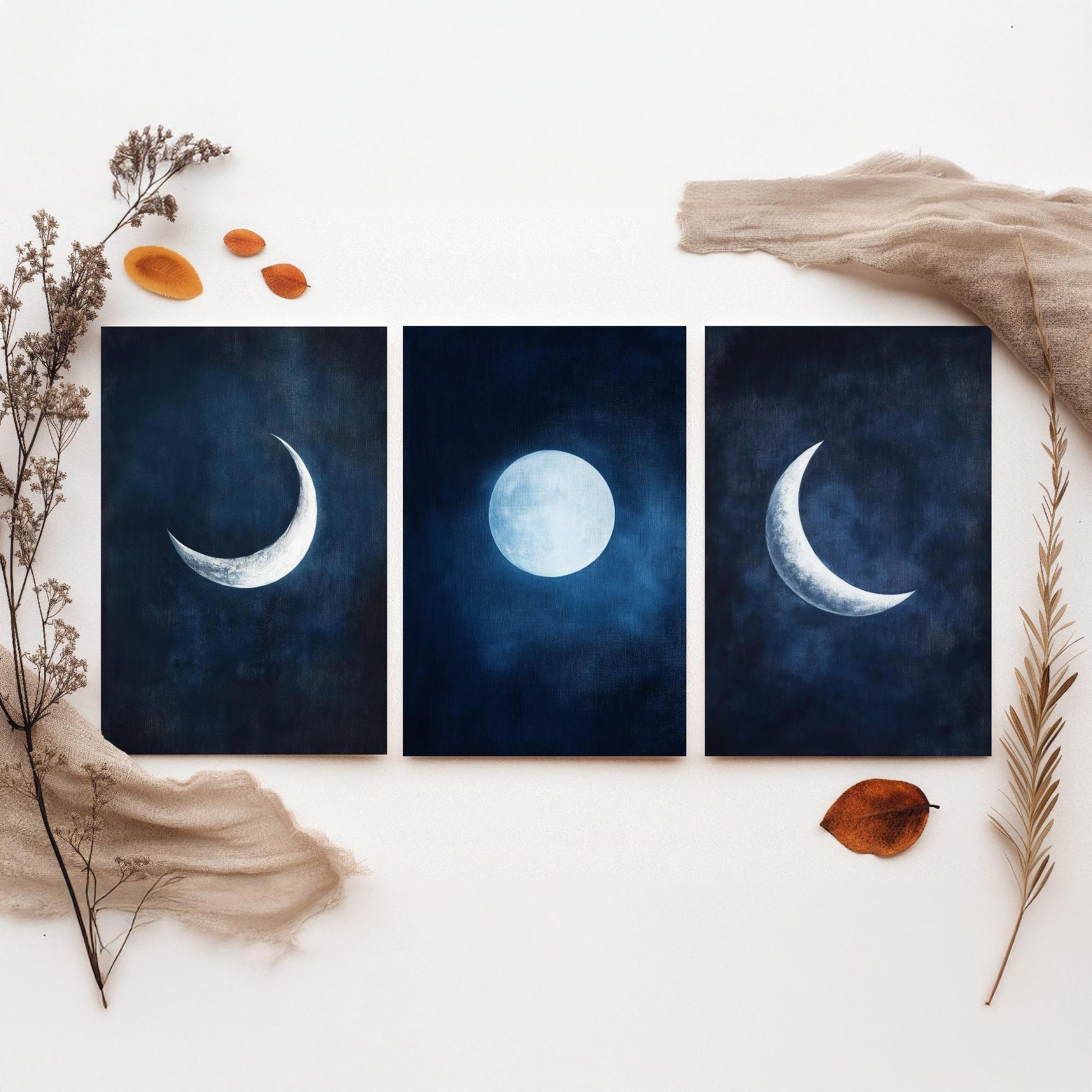 Moon Phases Set of Three Art Prints - Navy Blue Crescent and Full Moon Posters - Celestial Night Sky Painting Wall Decor