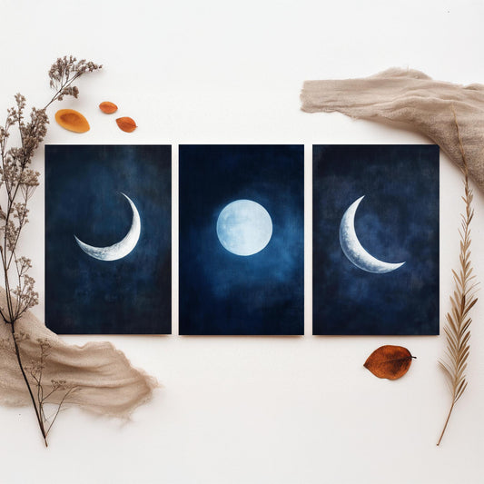Moon Phases Set of Three Art Prints - Navy Blue Crescent and Full Moon Posters - Celestial Night Sky Painting Wall Decor