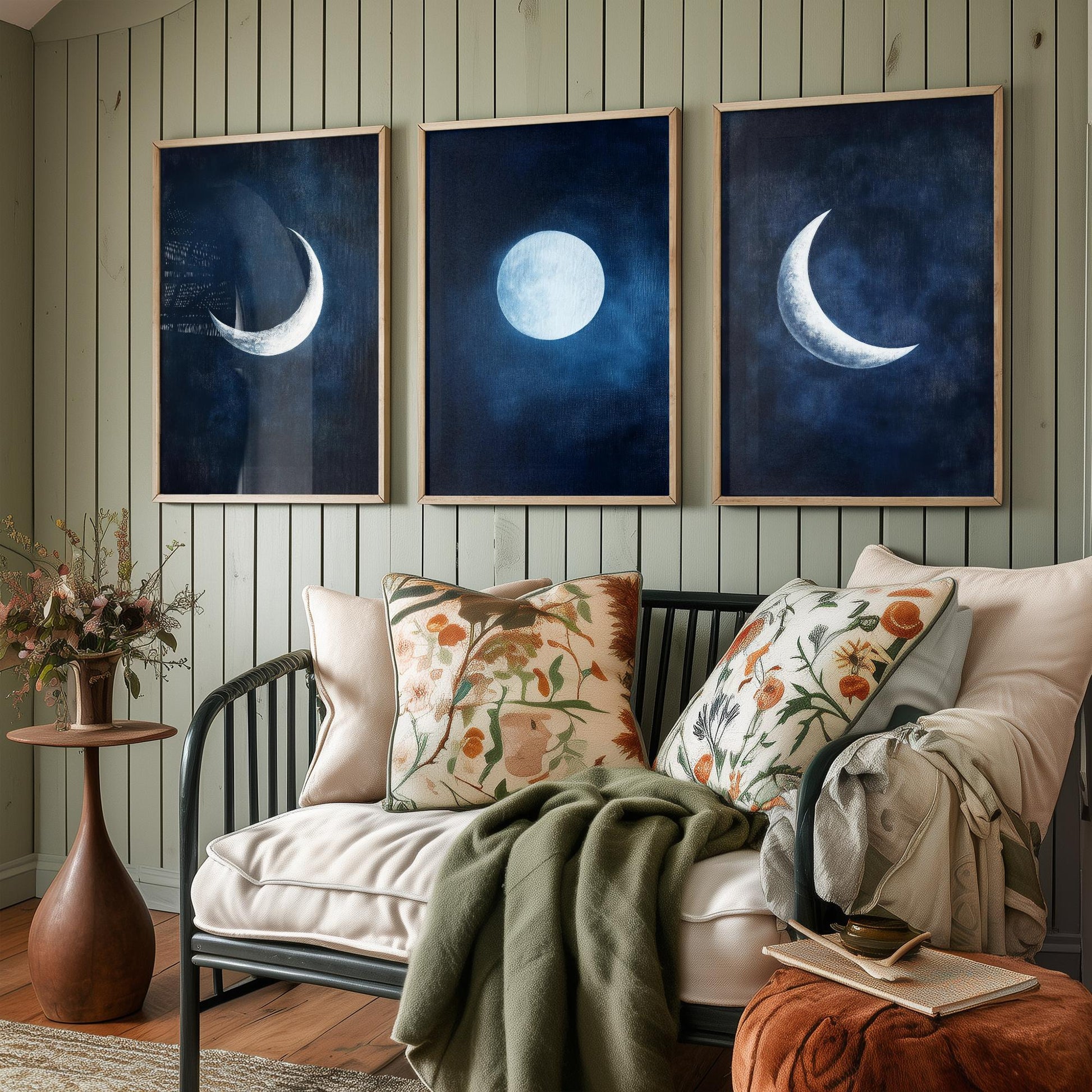 Moon Phases Set of Three Art Prints - Navy Blue Crescent and Full Moon Posters - Celestial Night Sky Painting Wall Decor