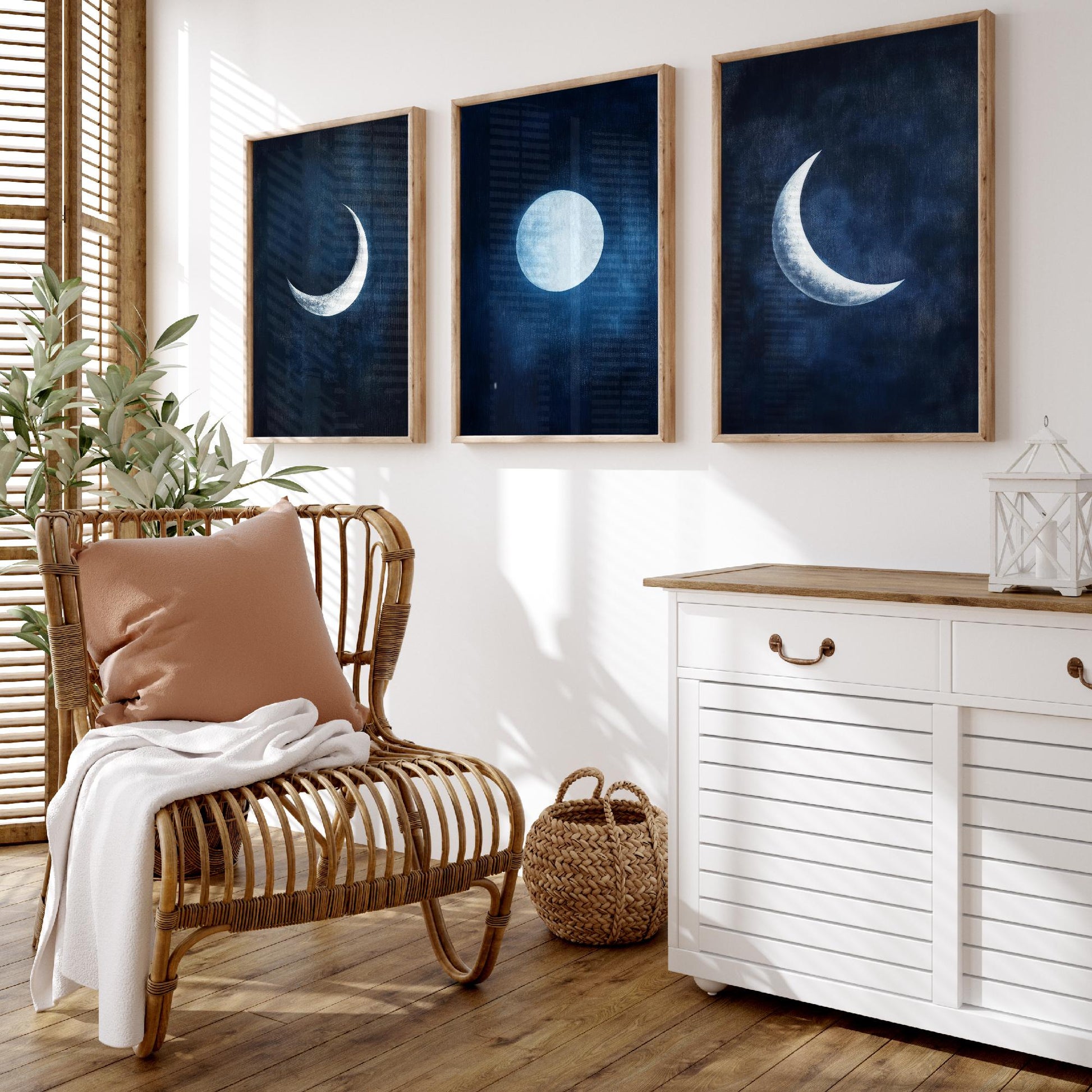 Moon Phases Set of Three Art Prints - Navy Blue Crescent and Full Moon Posters - Celestial Night Sky Painting Wall Decor