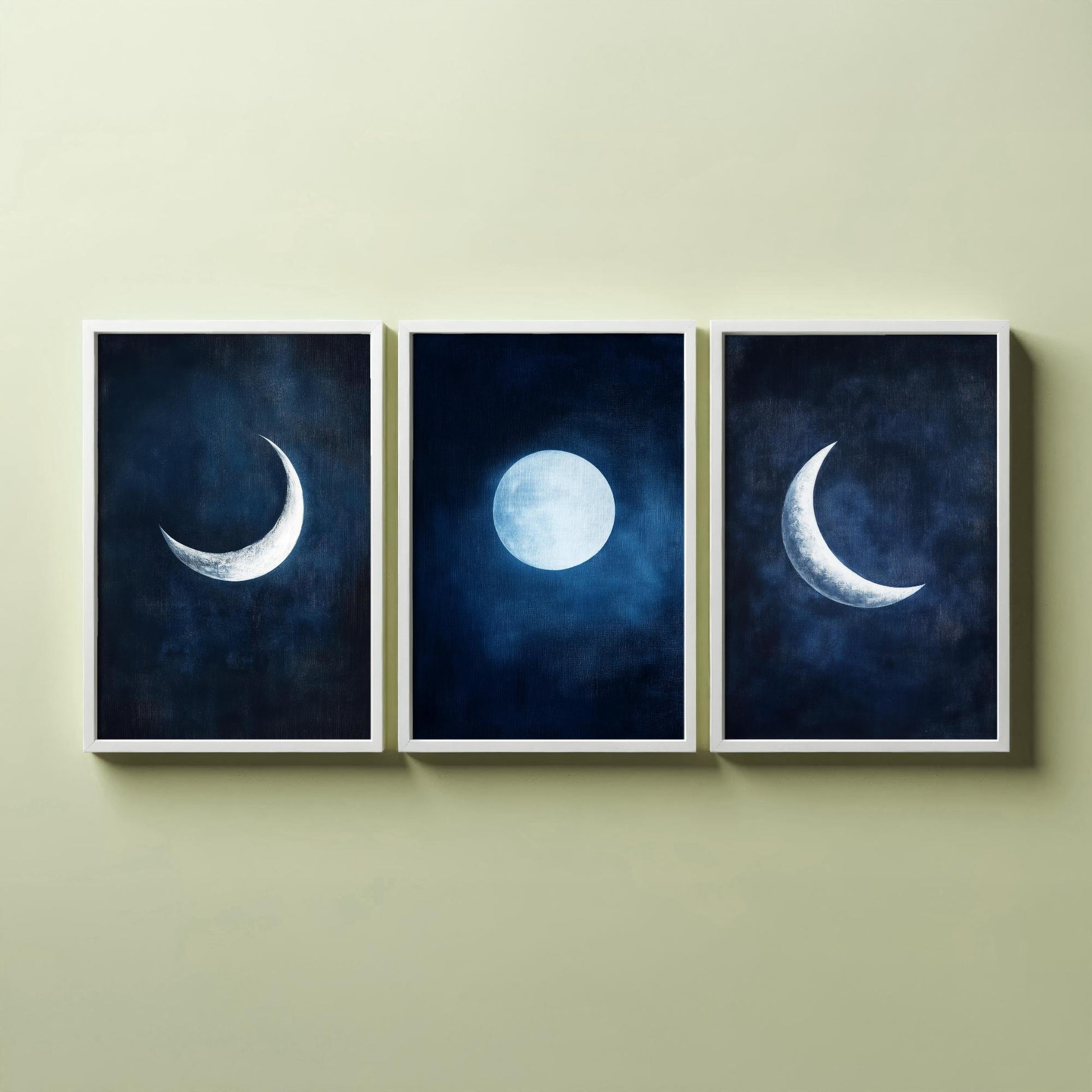 Moon Phases Set of Three Art Prints - Navy Blue Crescent and Full Moon Posters - Celestial Night Sky Painting Wall Decor