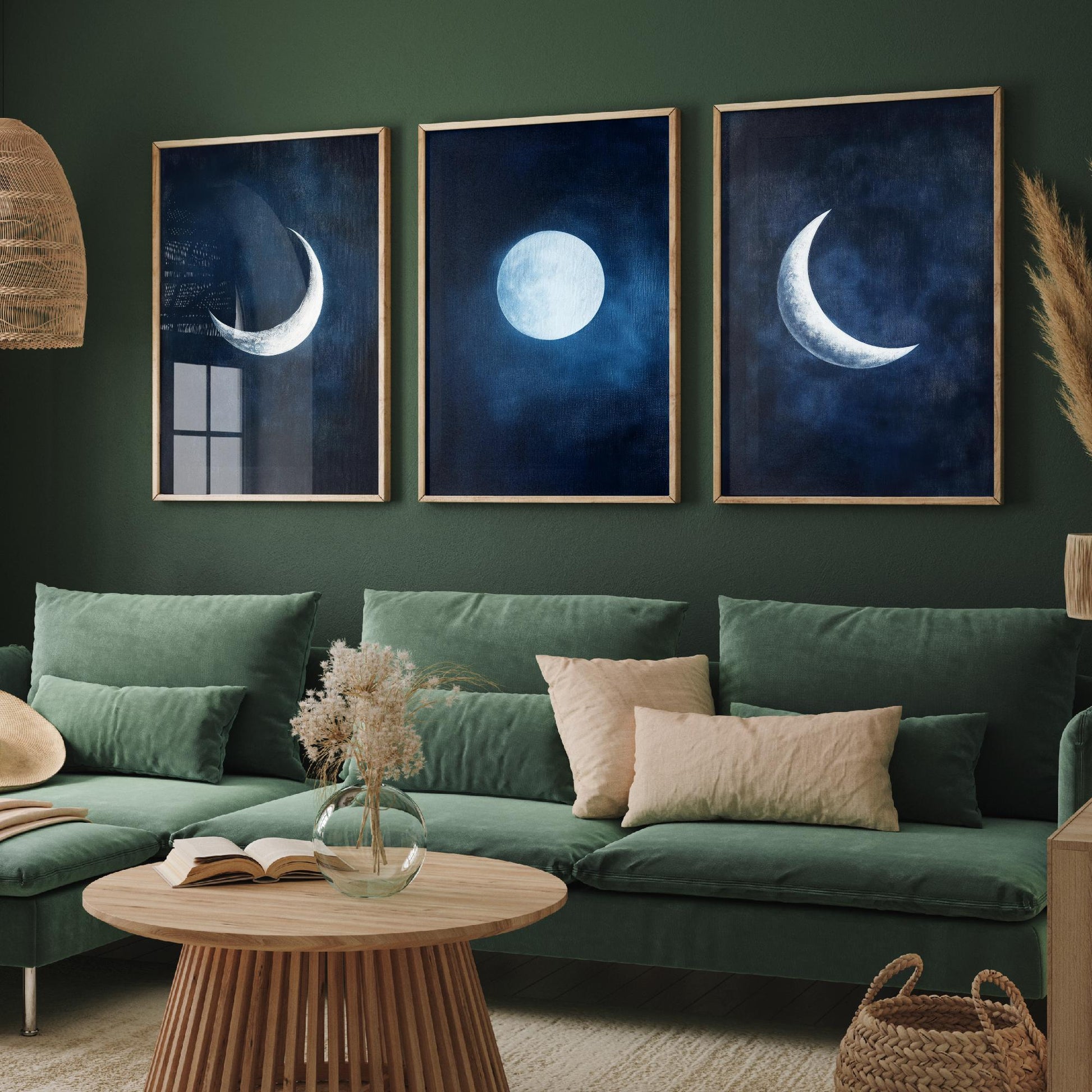 Moon Phases Set of Three Art Prints - Navy Blue Crescent and Full Moon Posters - Celestial Night Sky Painting Wall Decor