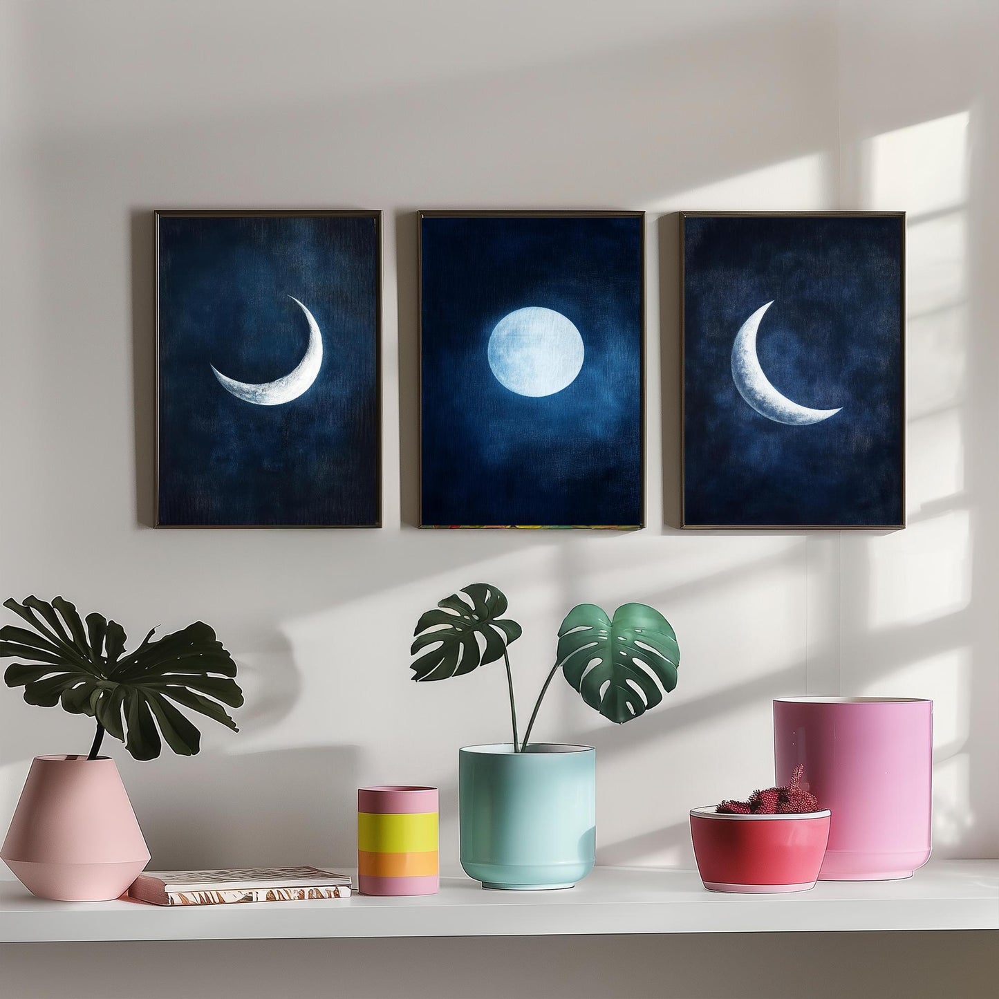 Moon Phases Set of Three Art Prints - Navy Blue Crescent and Full Moon Posters - Celestial Night Sky Painting Wall Decor