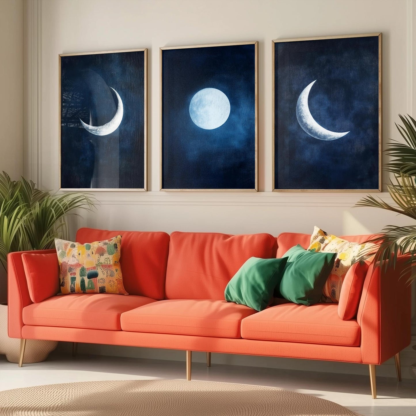 Moon Phases Set of Three Art Prints - Navy Blue Crescent and Full Moon Posters - Celestial Night Sky Painting Wall Decor