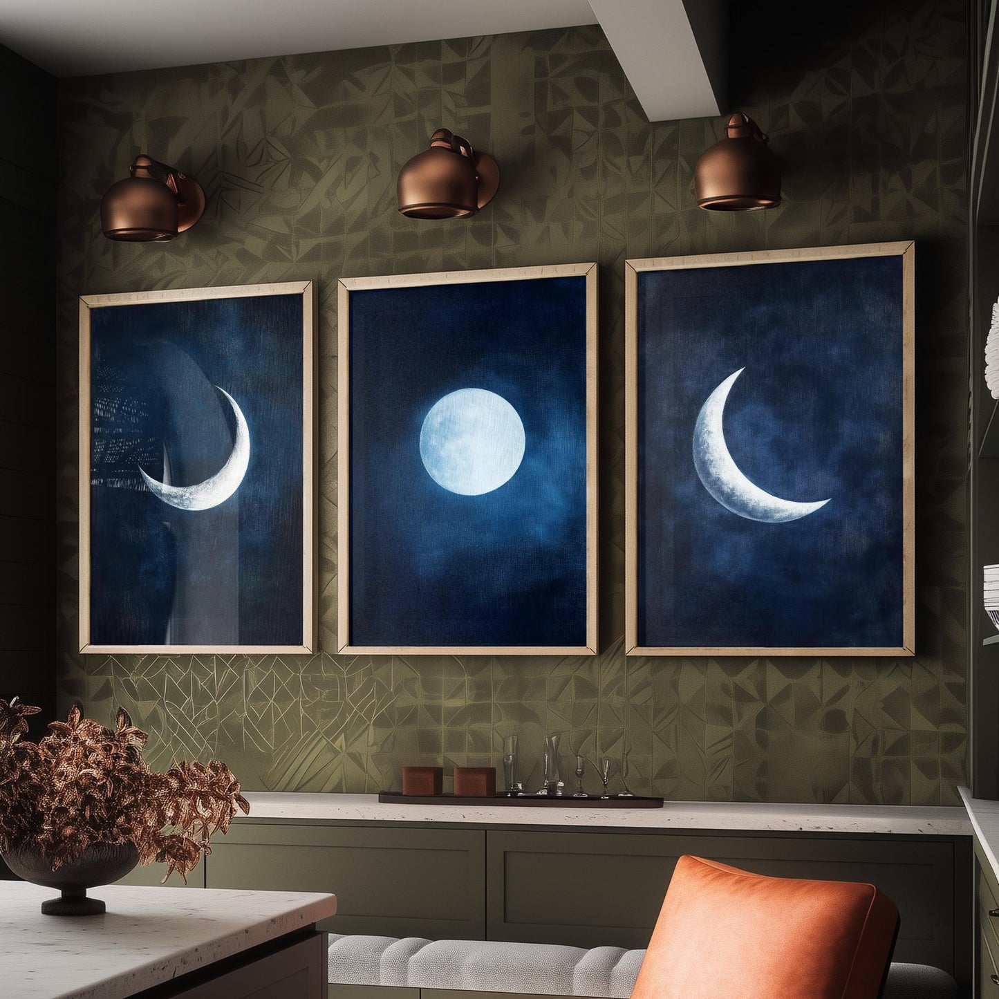 Moon Phases Set of Three Art Prints - Navy Blue Crescent and Full Moon Posters - Celestial Night Sky Painting Wall Decor
