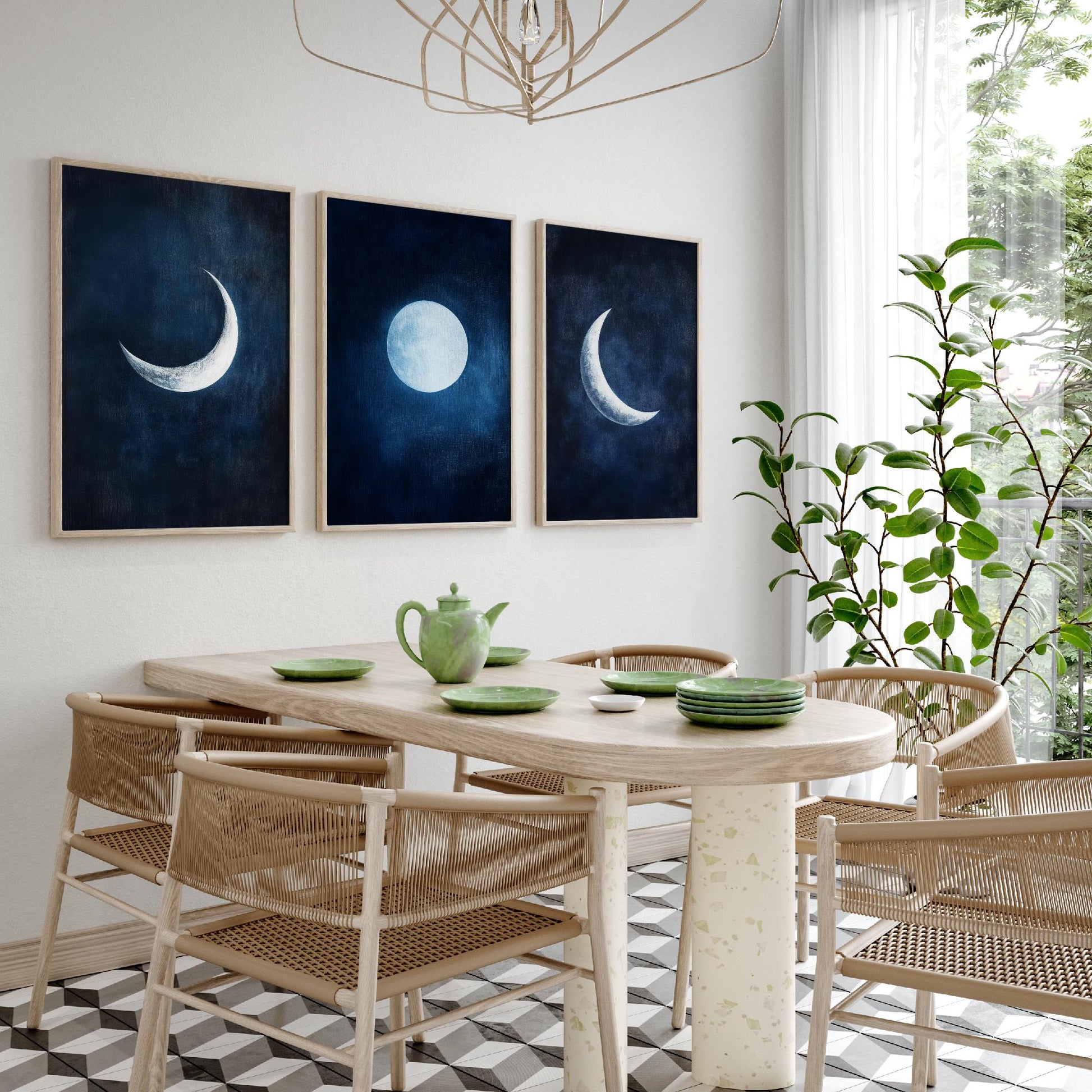Moon Phases Set of Three Art Prints - Navy Blue Crescent and Full Moon Posters - Celestial Night Sky Painting Wall Decor