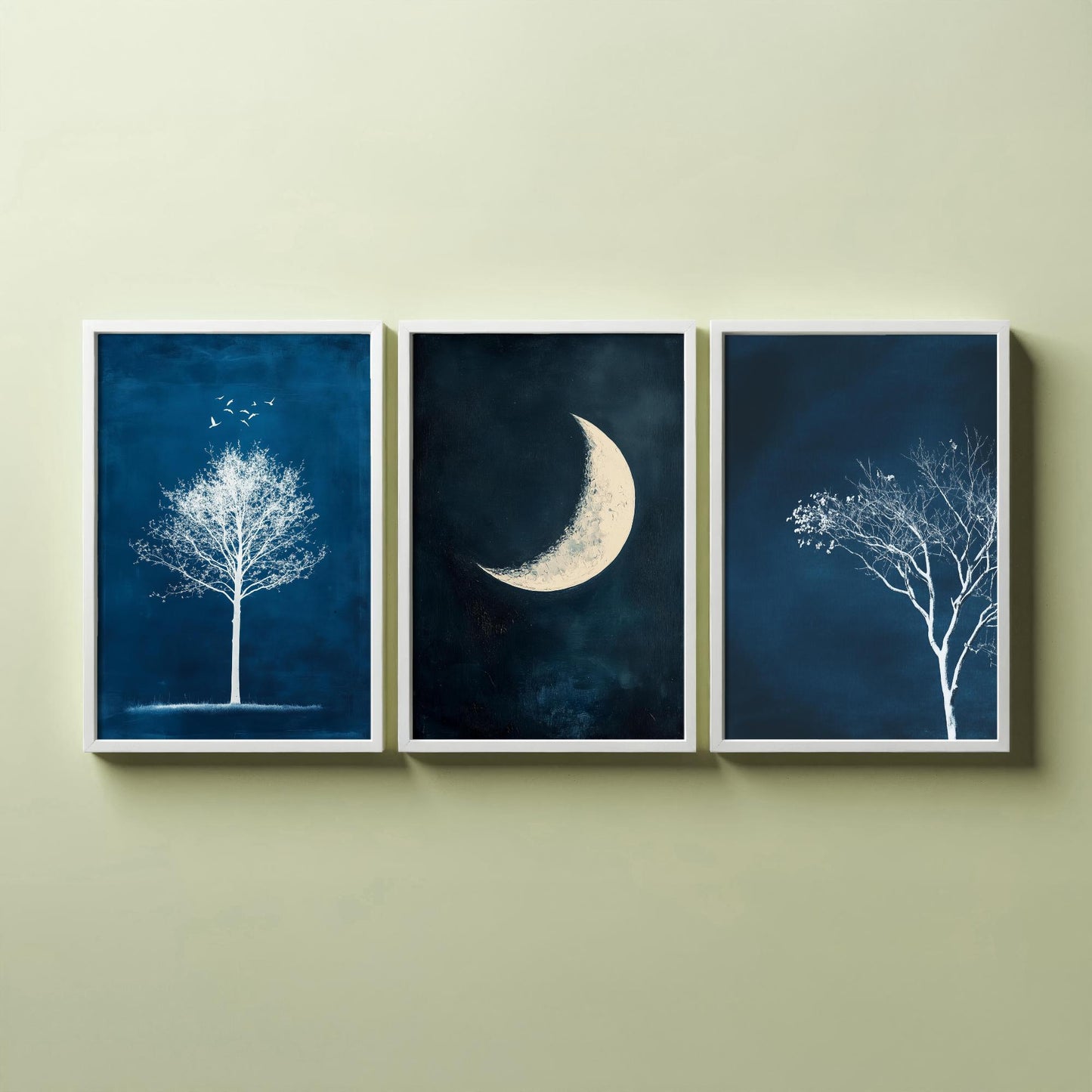 Blue Night Set of Three Art Prints - White Tree, Crescent Moon, Birds Posters - Navy Minimalist Painting Wall Decor Gift