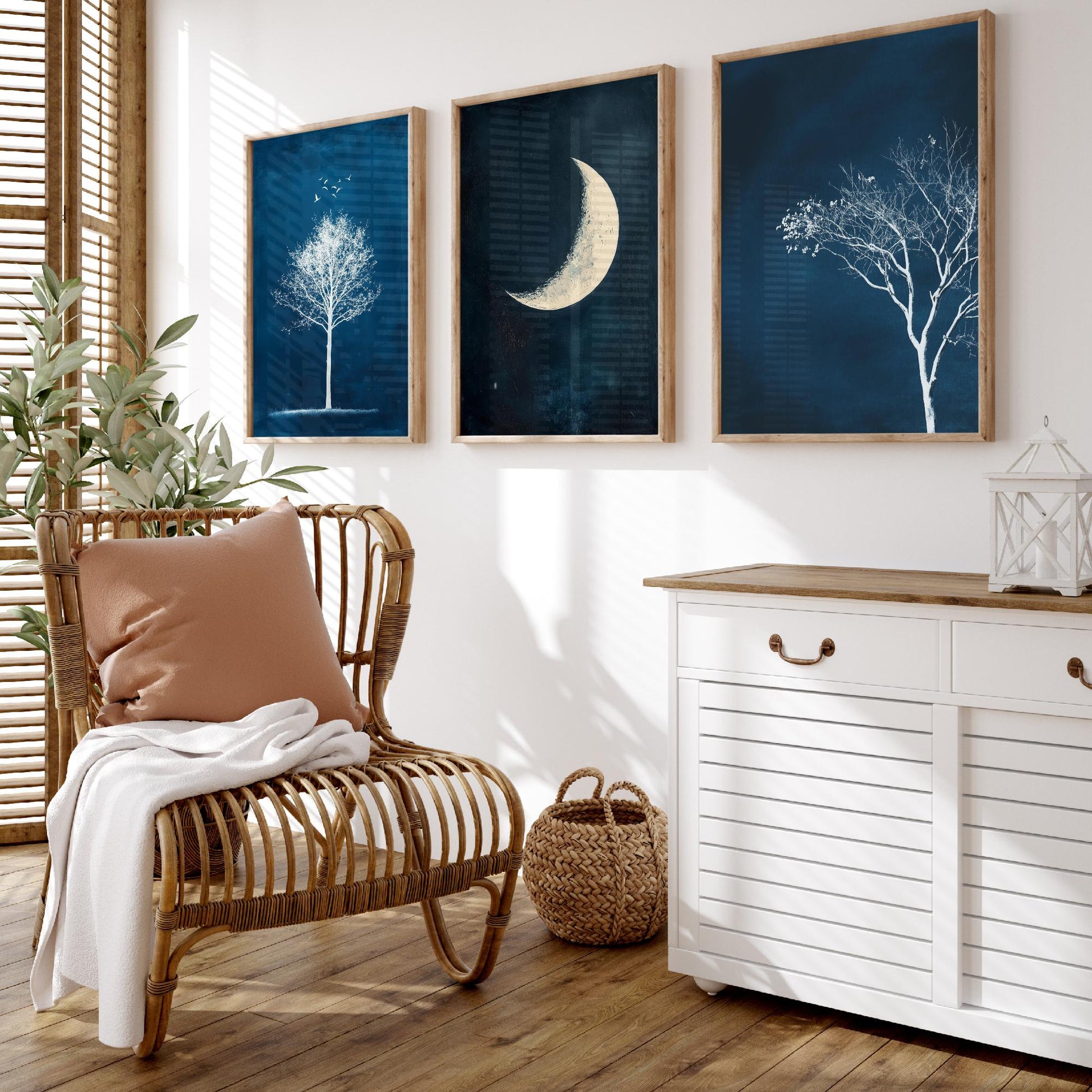 Blue Night Set of Three Art Prints - White Tree, Crescent Moon, Birds Posters - Navy Minimalist Painting Wall Decor Gift