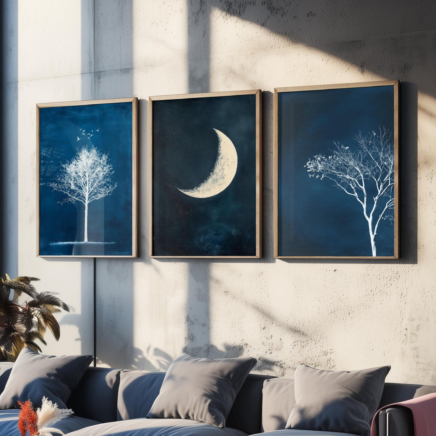 Blue Night Set of Three Art Prints - White Tree, Crescent Moon, Birds Posters - Navy Minimalist Painting Wall Decor Gift