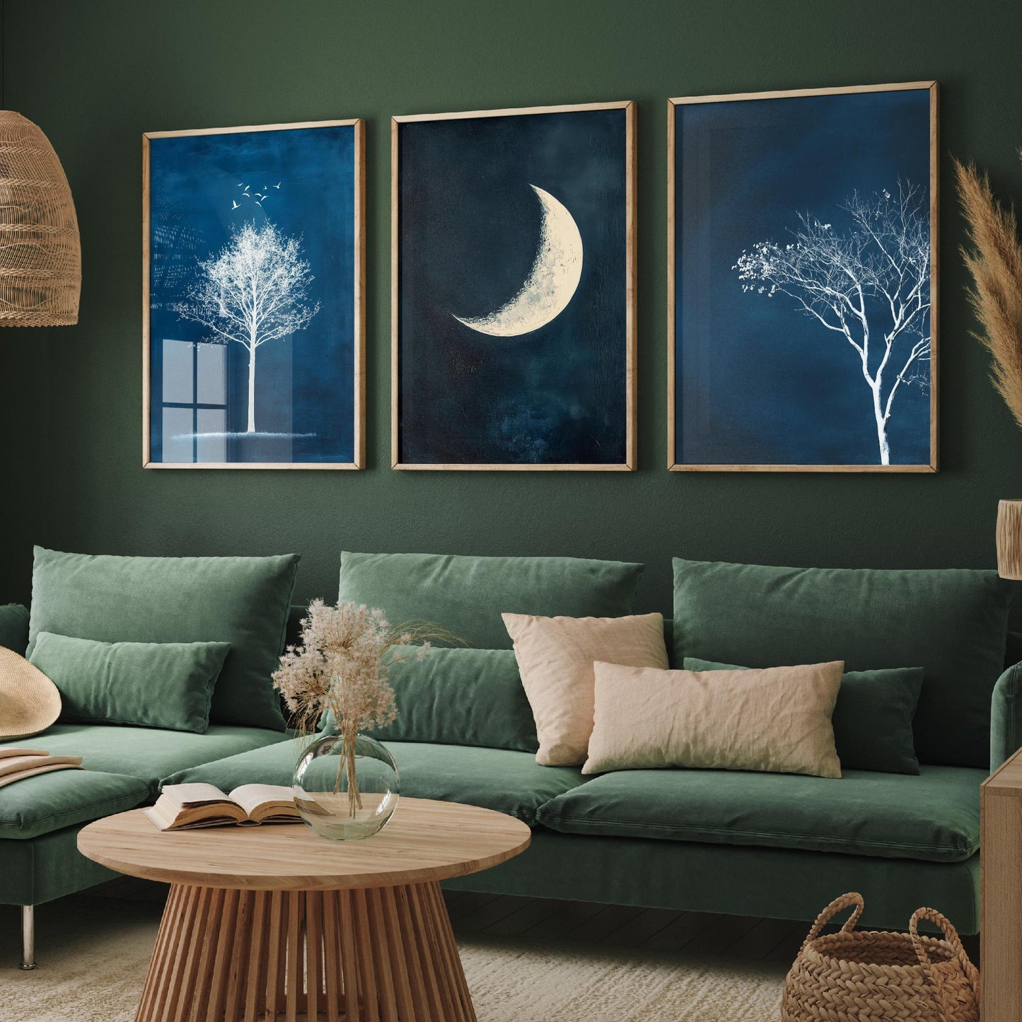 Blue Night Set of Three Art Prints - White Tree, Crescent Moon, Birds Posters - Navy Minimalist Painting Wall Decor Gift