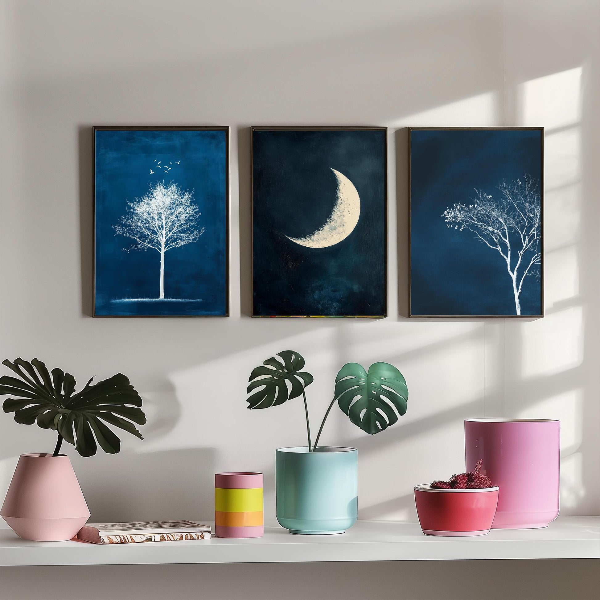 Blue Night Set of Three Art Prints - White Tree, Crescent Moon, Birds Posters - Navy Minimalist Painting Wall Decor Gift