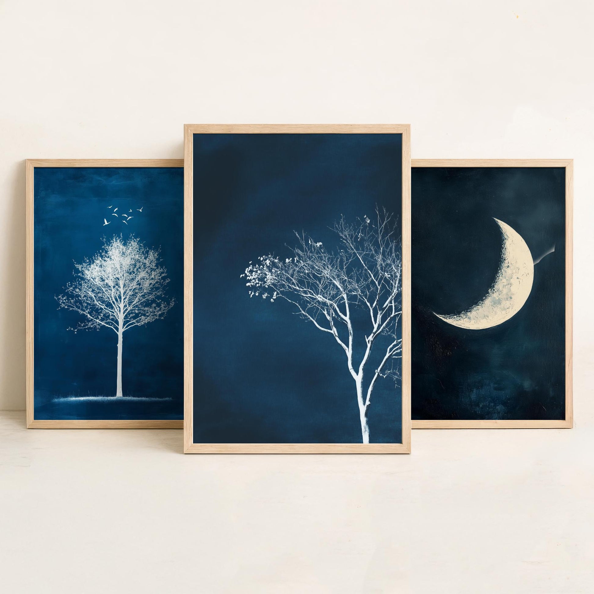 Blue Night Set of Three Art Prints - White Tree, Crescent Moon, Birds Posters - Navy Minimalist Painting Wall Decor Gift