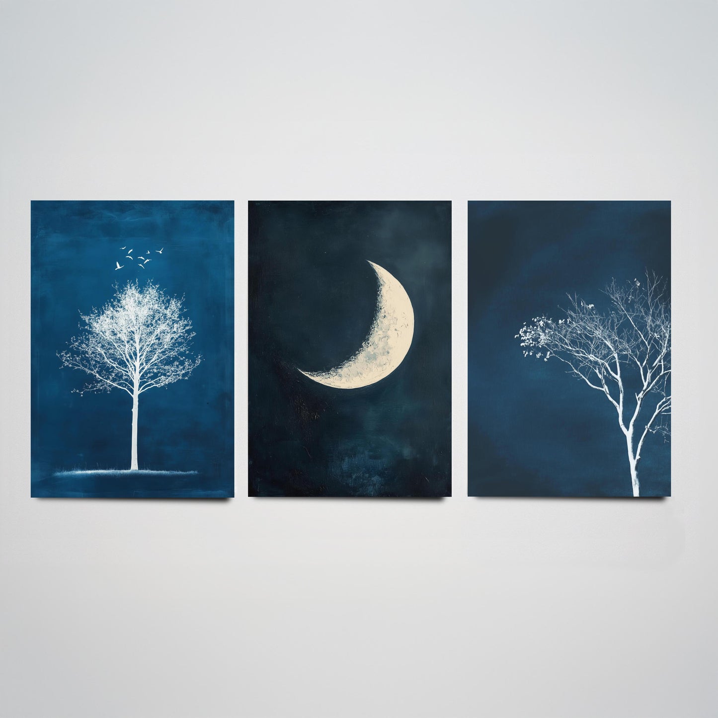 Blue Night Set of Three Art Prints - White Tree, Crescent Moon, Birds Posters - Navy Minimalist Painting Wall Decor Gift