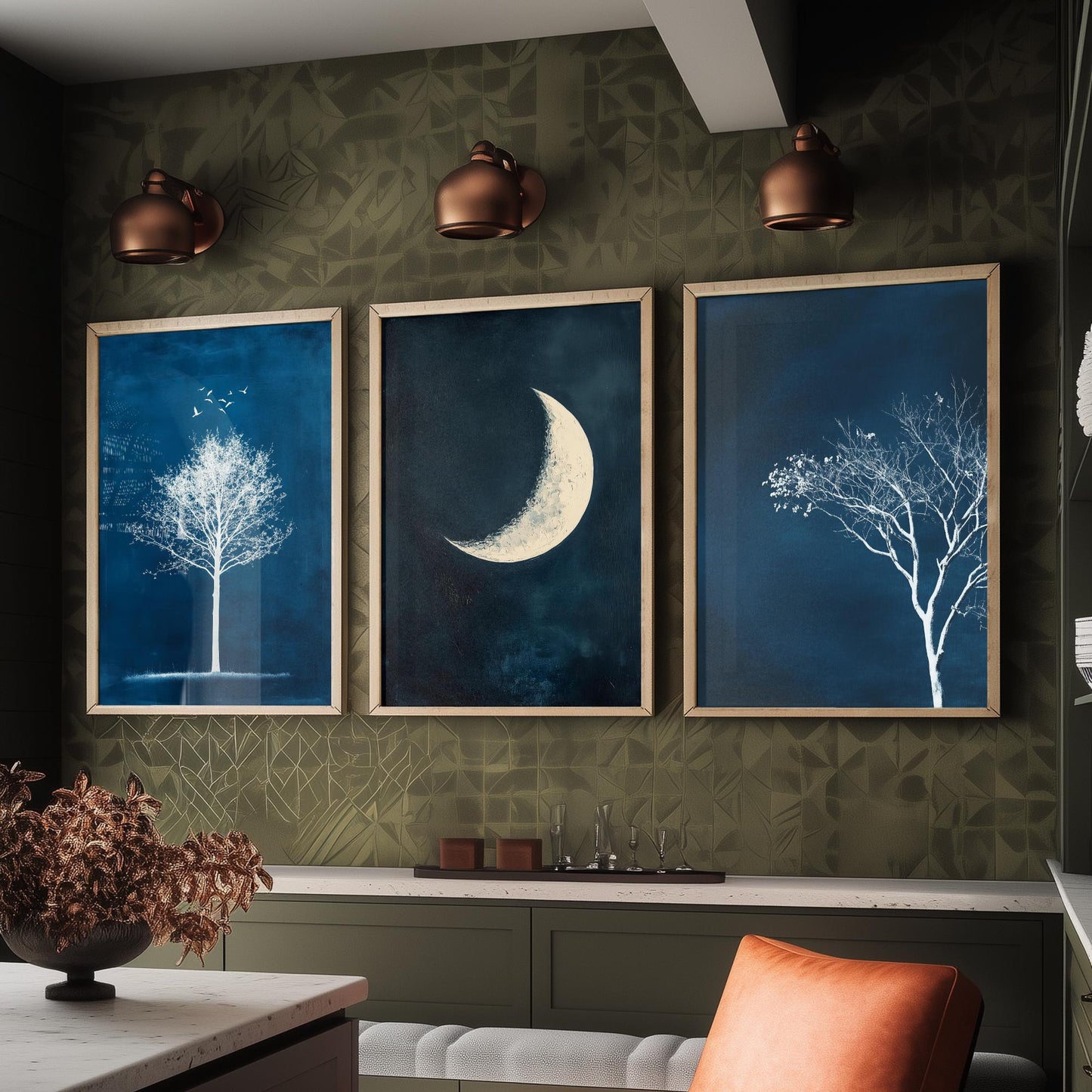 Blue Night Set of Three Art Prints - White Tree, Crescent Moon, Birds Posters - Navy Minimalist Painting Wall Decor Gift