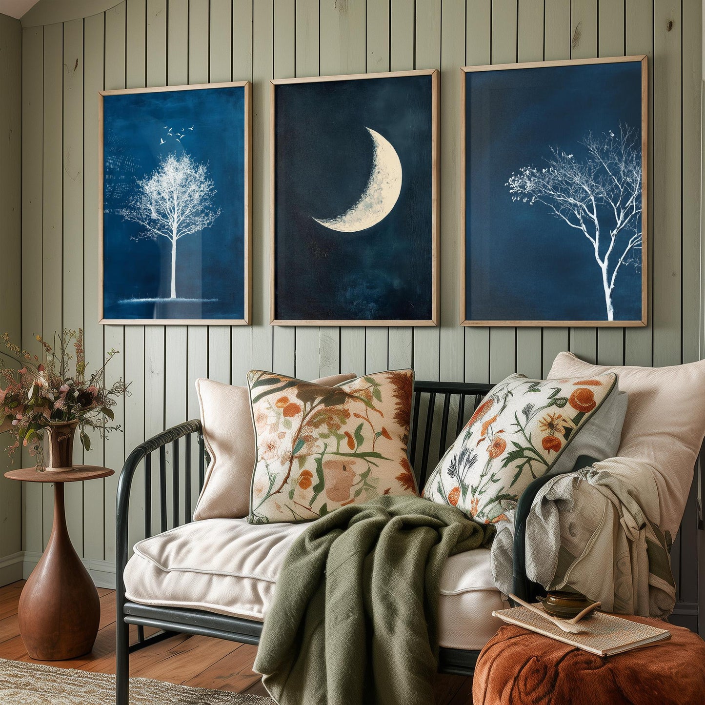 Blue Night Set of Three Art Prints - White Tree, Crescent Moon, Birds Posters - Navy Minimalist Painting Wall Decor Gift