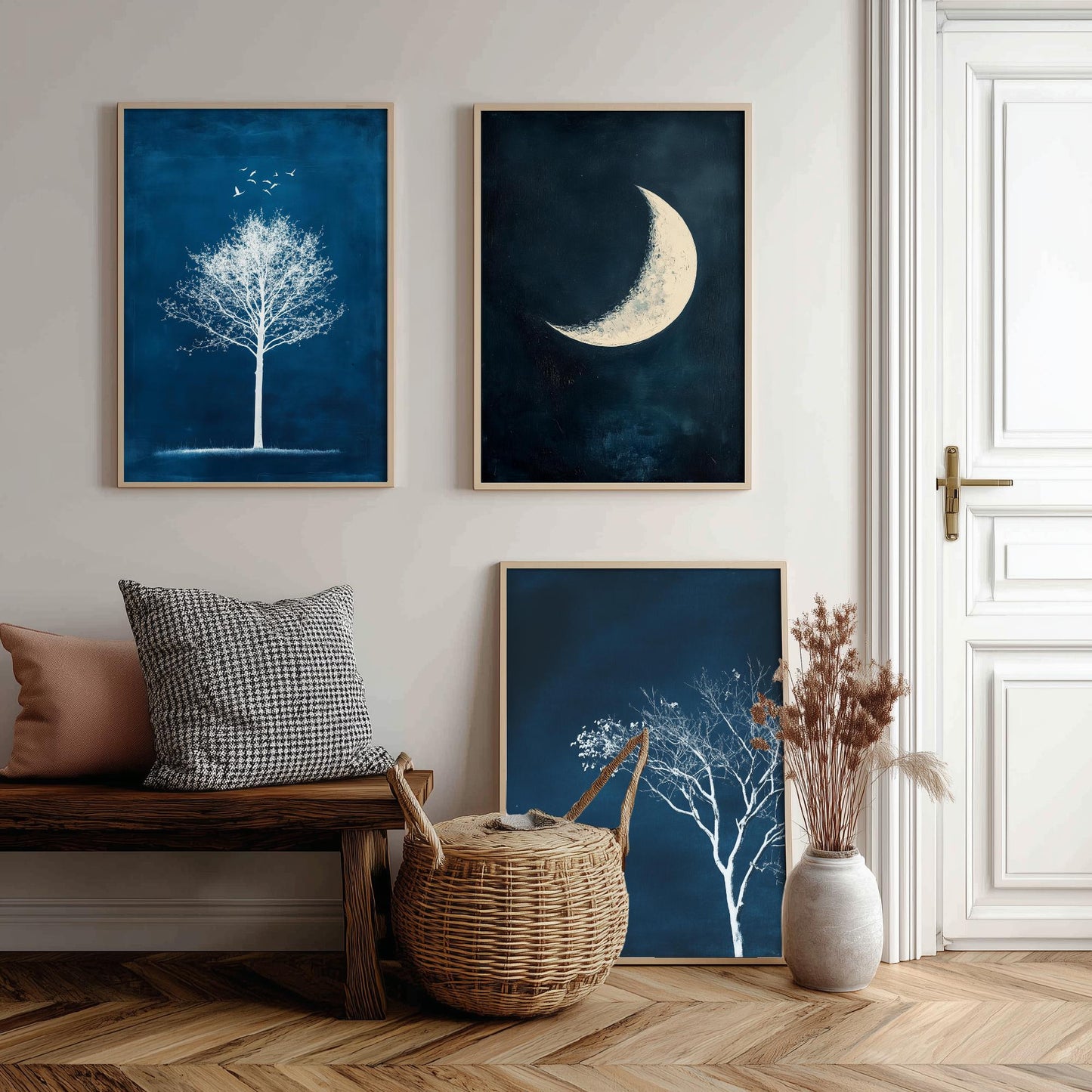 Blue Night Set of Three Art Prints - White Tree, Crescent Moon, Birds Posters - Navy Minimalist Painting Wall Decor Gift