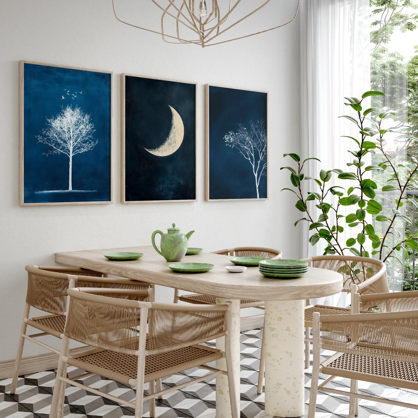 Blue Night Set of Three Art Prints - White Tree, Crescent Moon, Birds Posters - Navy Minimalist Painting Wall Decor Gift