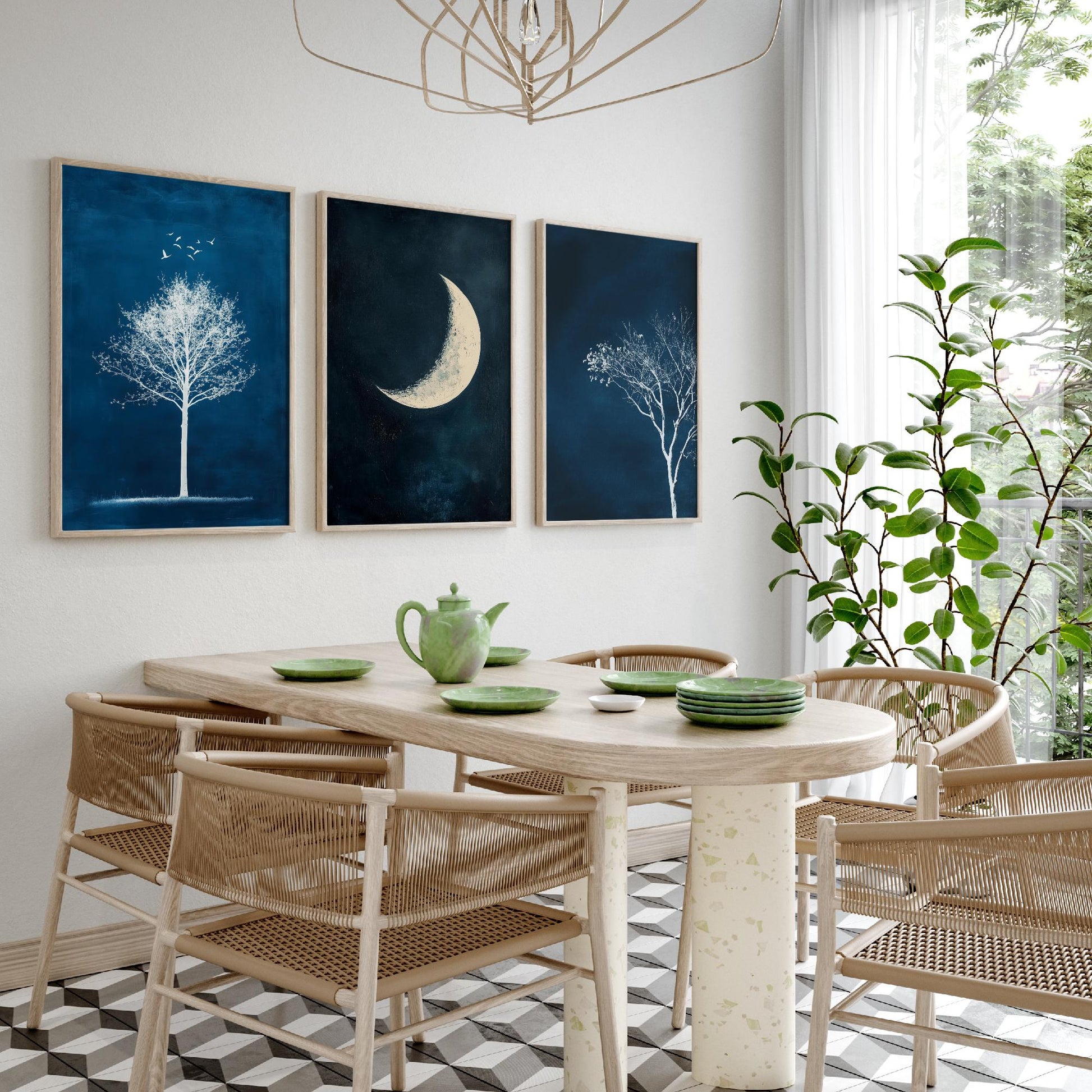 Blue Night Set of Three Art Prints - White Tree, Crescent Moon, Birds Posters - Navy Minimalist Painting Wall Decor Gift