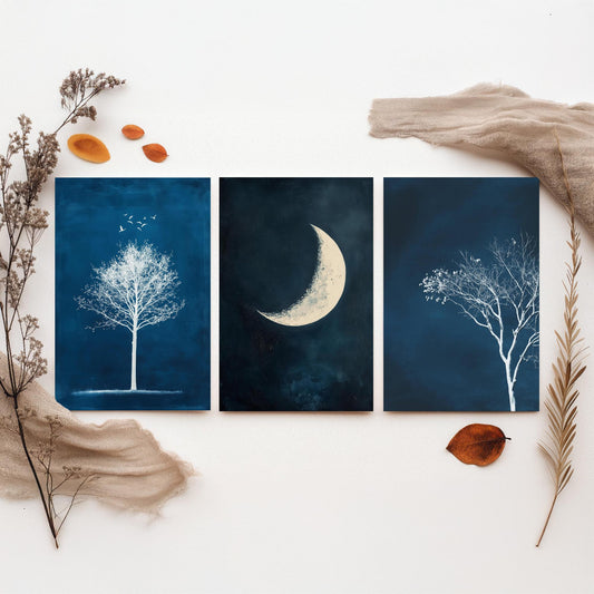 Blue Night Set of Three Art Prints - White Tree, Crescent Moon, Birds Posters - Navy Minimalist Painting Wall Decor Gift