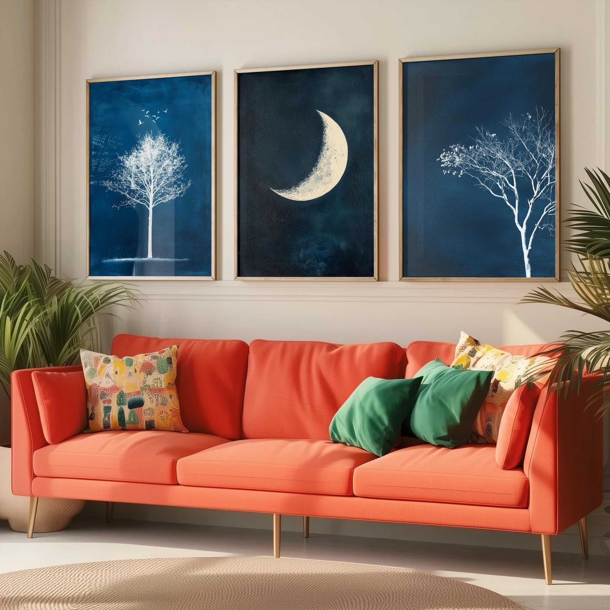 Blue Night Set of Three Art Prints - White Tree, Crescent Moon, Birds Posters - Navy Minimalist Painting Wall Decor Gift