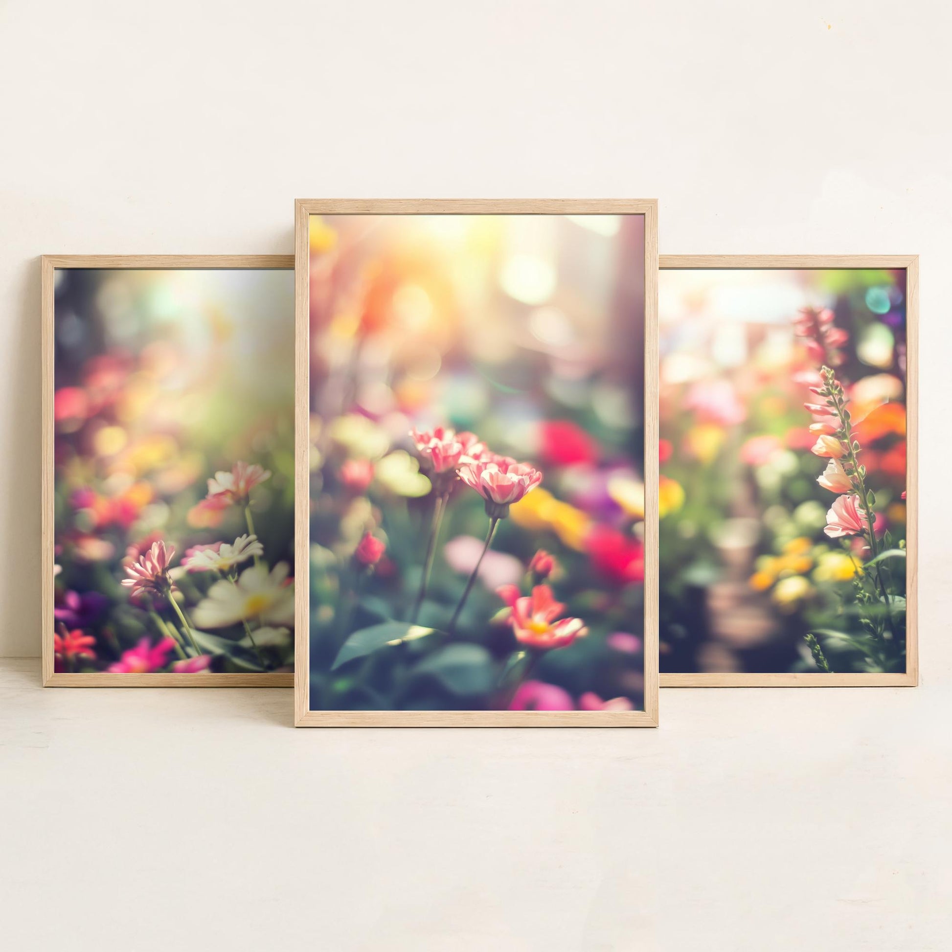 Flower Garden Set of Three Art Prints - Dreamy Soft Focus Photo Posters - Pastel Floral Photography Bokeh Wall Decor Gift