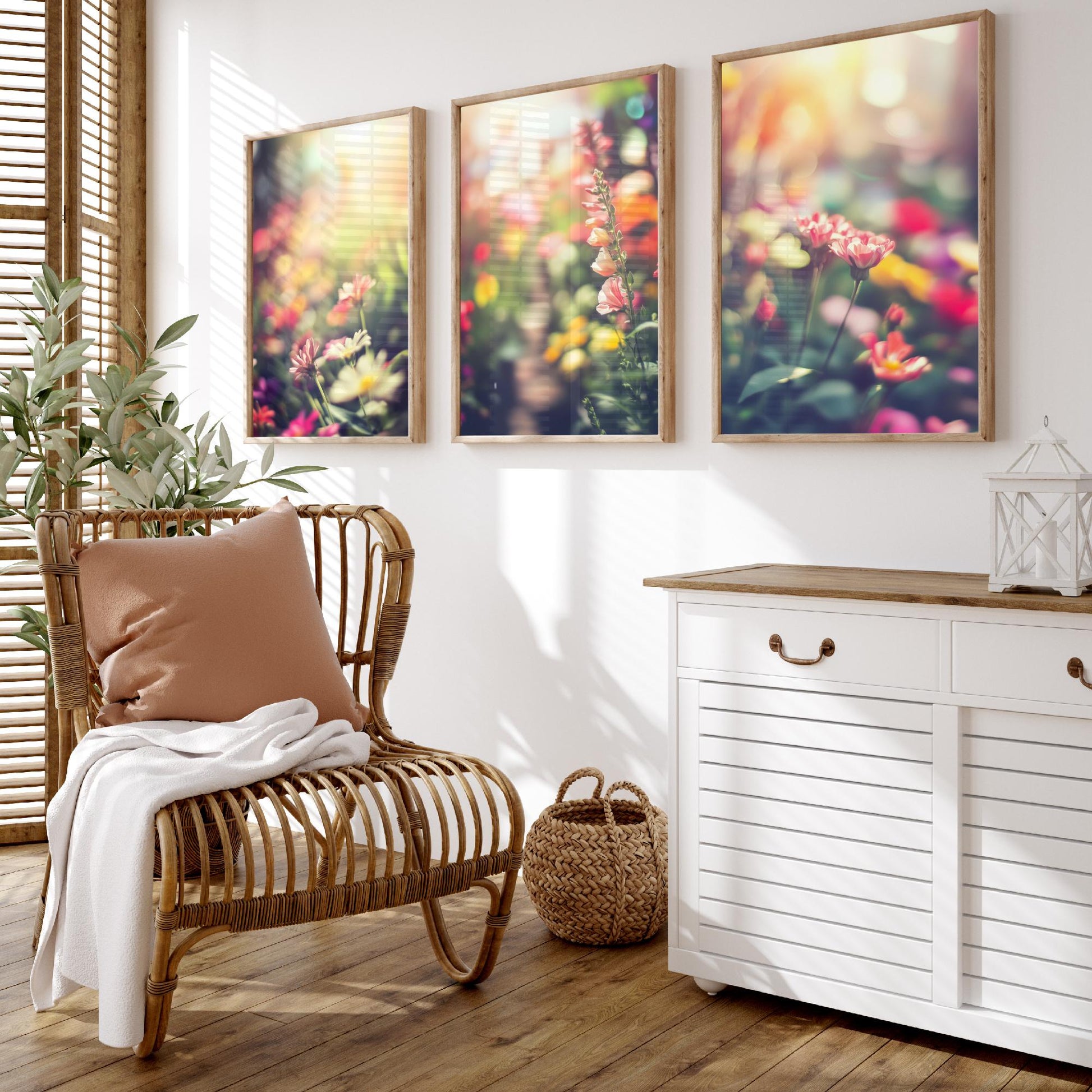 Flower Garden Set of Three Art Prints - Dreamy Soft Focus Photo Posters - Pastel Floral Photography Bokeh Wall Decor Gift