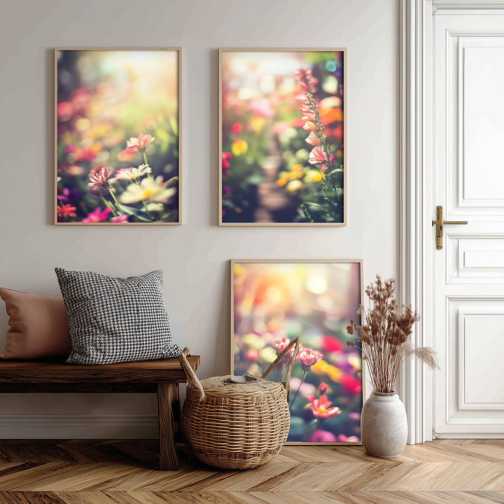 Flower Garden Set of Three Art Prints - Dreamy Soft Focus Photo Posters - Pastel Floral Photography Bokeh Wall Decor Gift