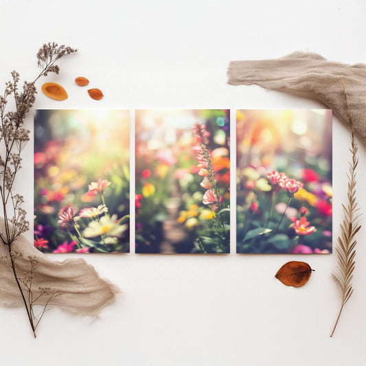 Flower Garden Set of Three Art Prints - Dreamy Soft Focus Photo Posters - Pastel Floral Photography Bokeh Wall Decor Gift