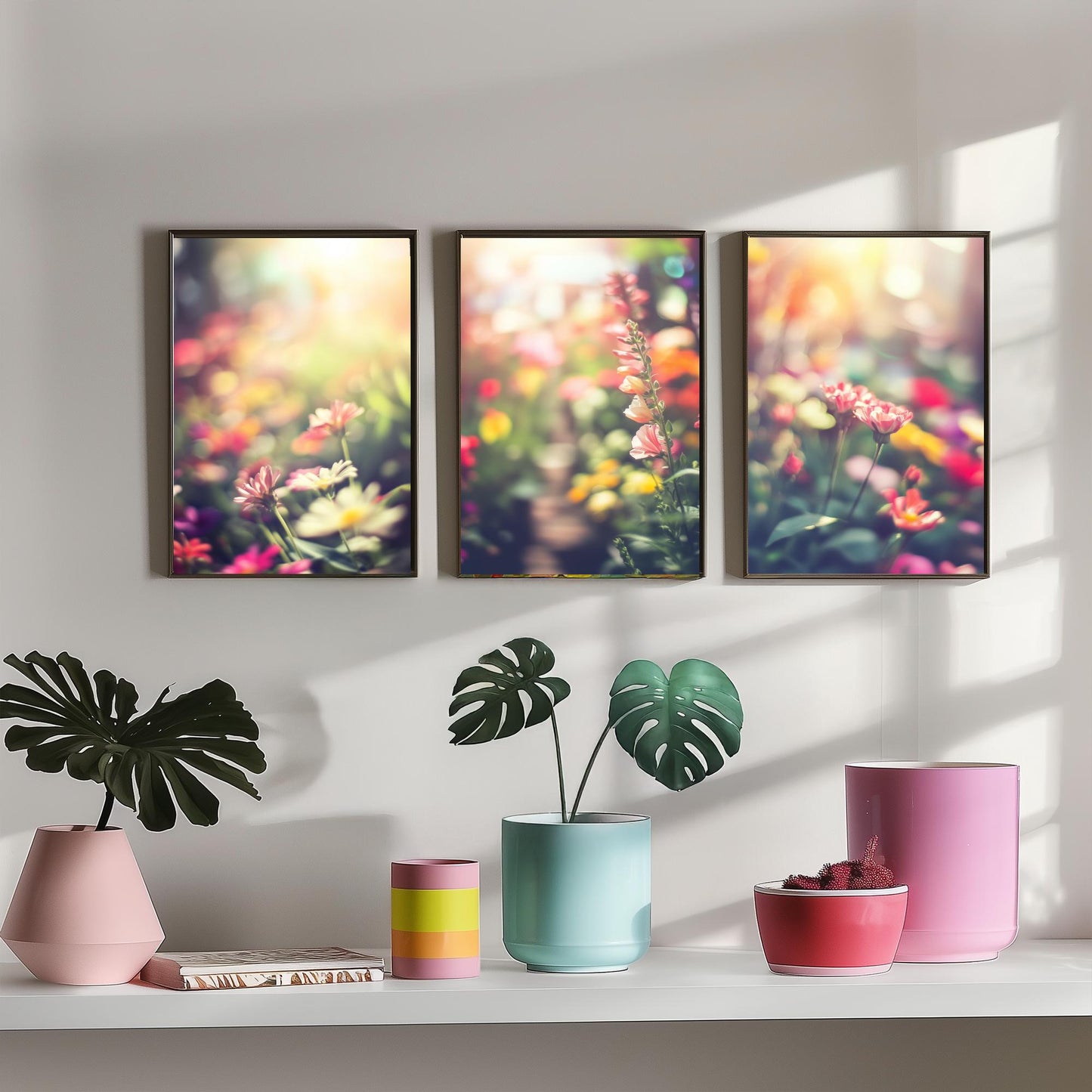 Flower Garden Set of Three Art Prints - Dreamy Soft Focus Photo Posters - Pastel Floral Photography Bokeh Wall Decor Gift
