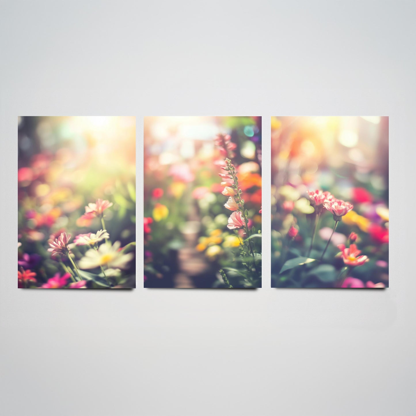 Flower Garden Set of Three Art Prints - Dreamy Soft Focus Photo Posters - Pastel Floral Photography Bokeh Wall Decor Gift
