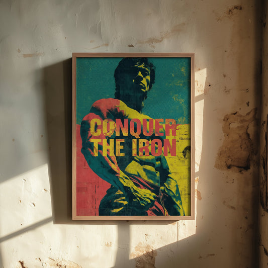 Conquer The Iron Gym Art Print - Bodybuilding Motivational Poster - Pop Art Fitness Illustration - Weightlifting Quote 1/3