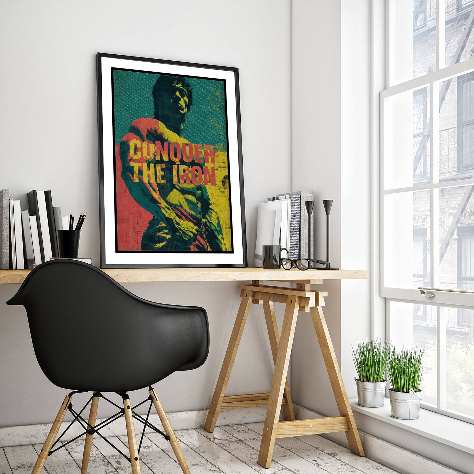 Conquer The Iron Gym Art Print - Bodybuilding Motivational Poster - Pop Art Fitness Illustration - Weightlifting Quote 1/3