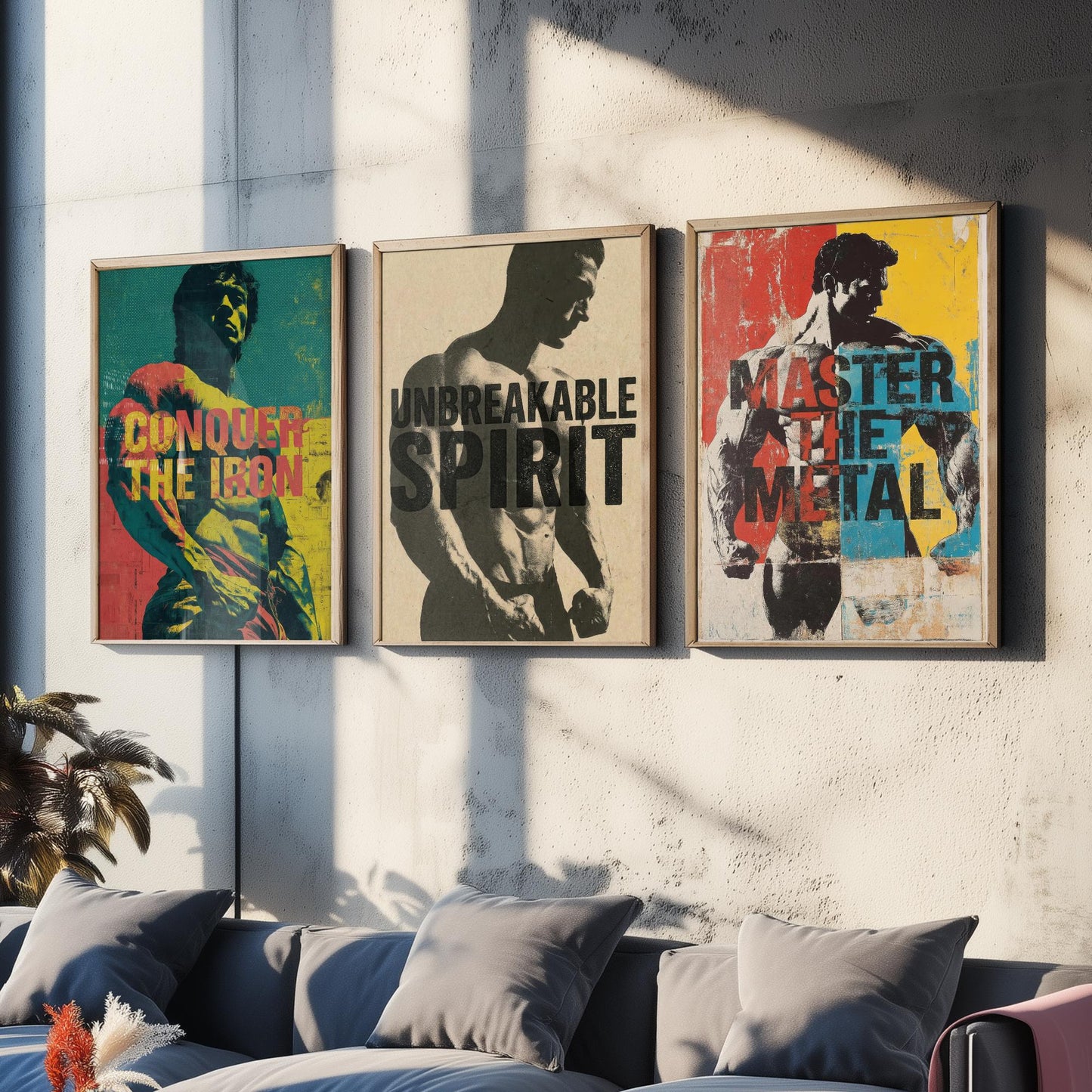 Bodybuilding Motivation Set of Three Art Prints - Conquer the Iron, Unbreakable Spirit, Master the Metal - Gym Quote Poster Illustration
