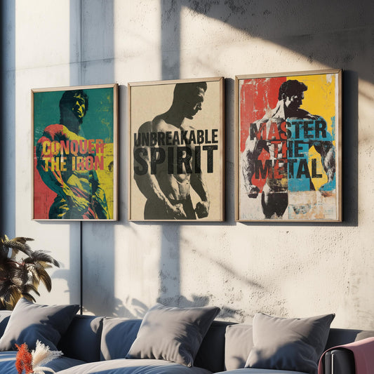 Bodybuilding Motivation Set of Three Art Prints - Conquer the Iron, Unbreakable Spirit, Master the Metal - Gym Quote Poster Illustration