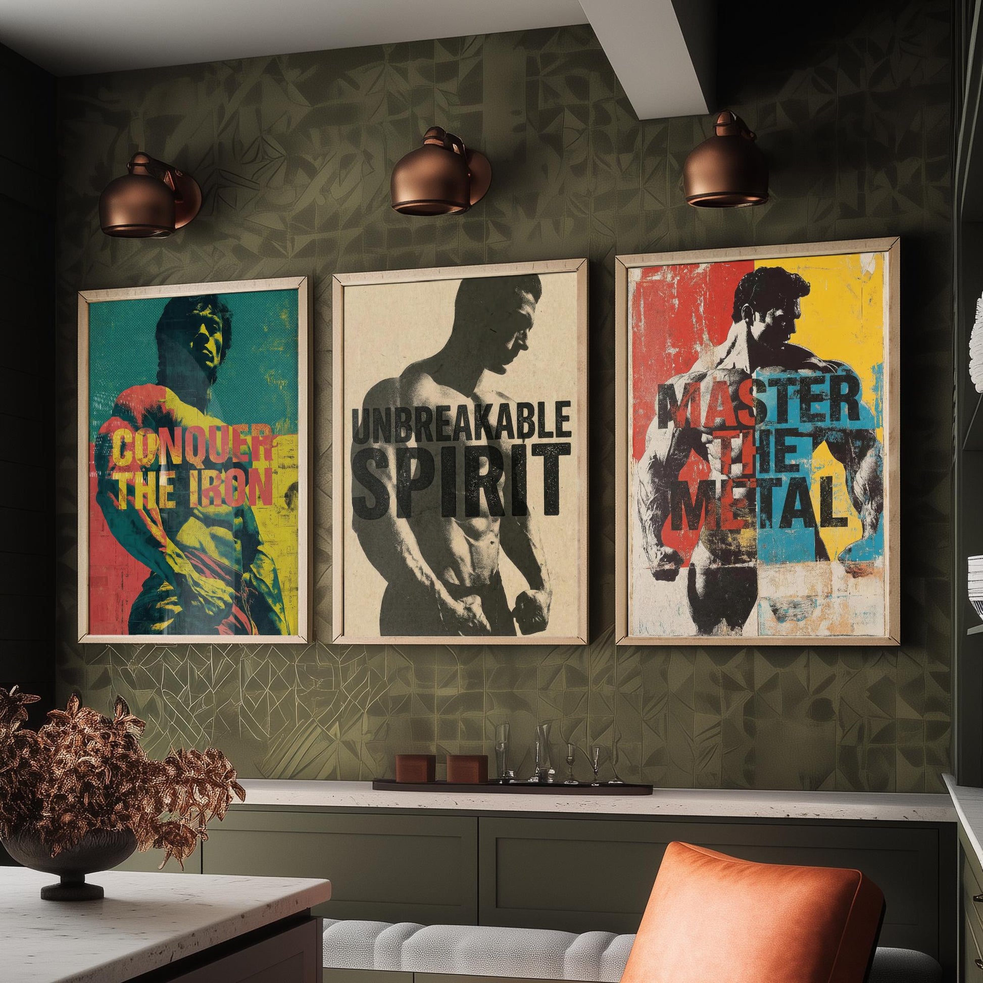 Bodybuilding Motivation Set of Three Art Prints - Conquer the Iron, Unbreakable Spirit, Master the Metal - Gym Quote Poster Illustration