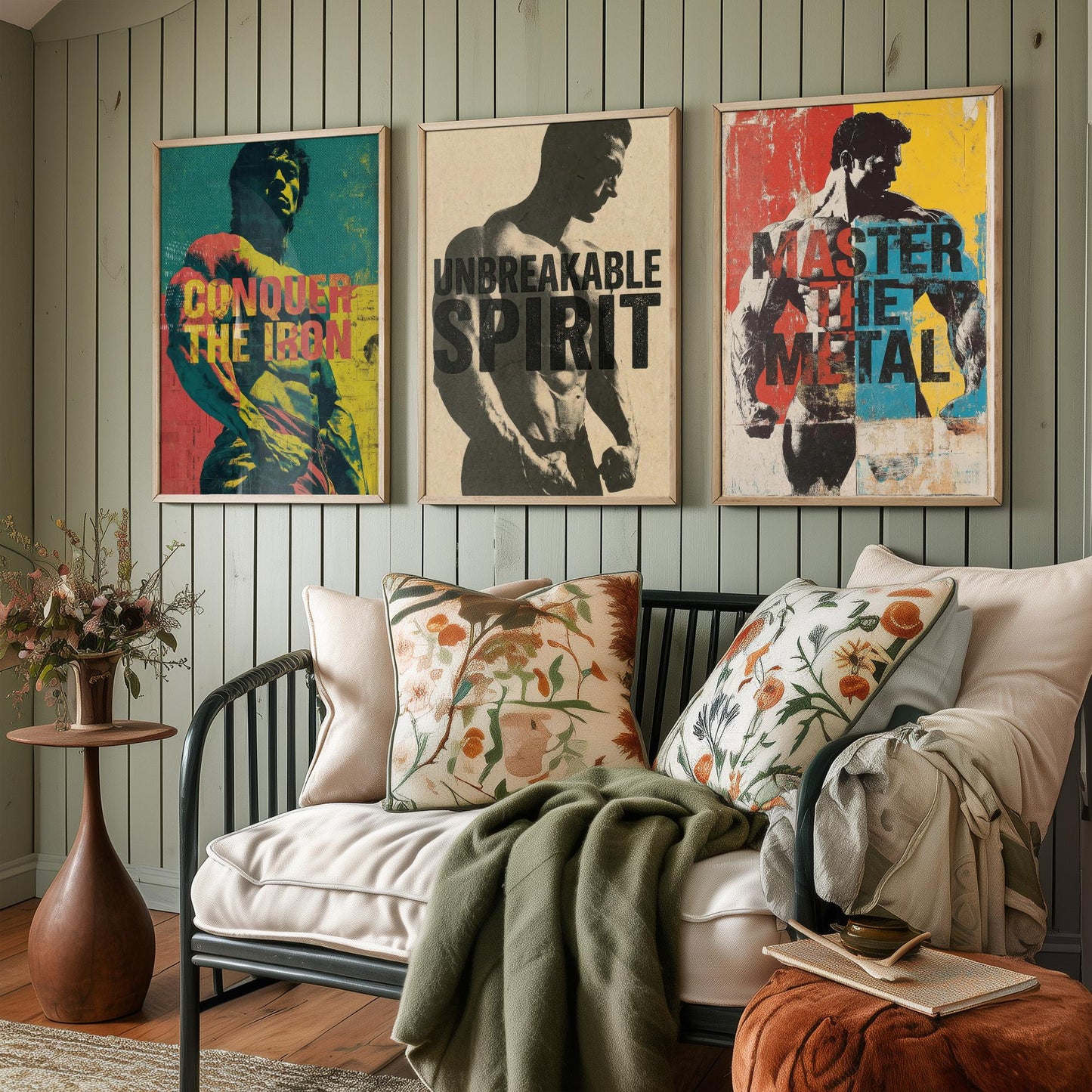 Bodybuilding Motivation Set of Three Art Prints - Conquer the Iron, Unbreakable Spirit, Master the Metal - Gym Quote Poster Illustration