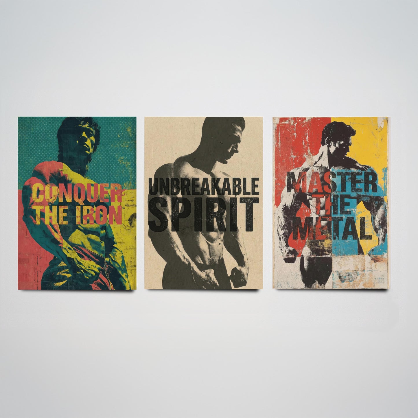 Bodybuilding Motivation Set of Three Art Prints - Conquer the Iron, Unbreakable Spirit, Master the Metal - Gym Quote Poster Illustration