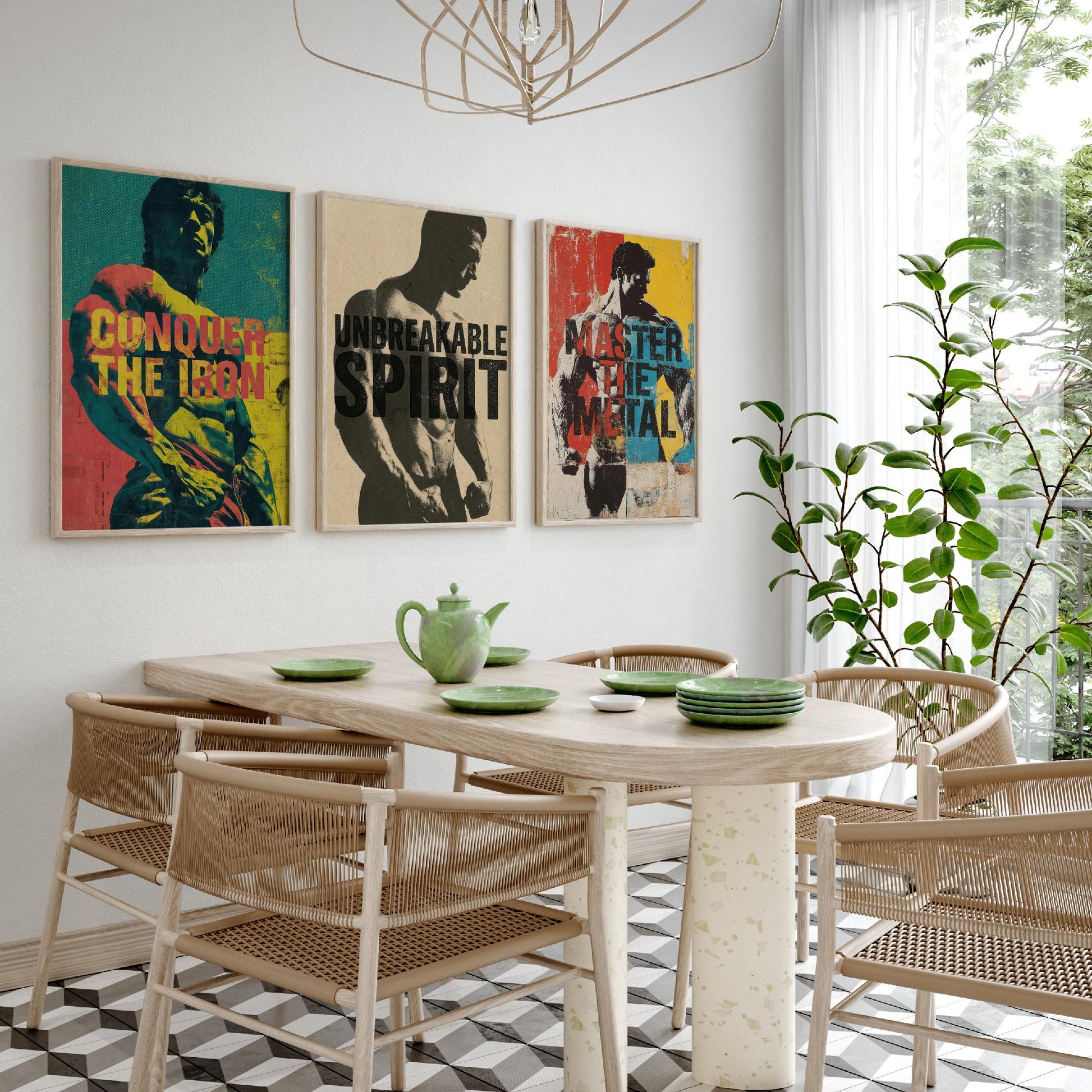Bodybuilding Motivation Set of Three Art Prints - Conquer the Iron, Unbreakable Spirit, Master the Metal - Gym Quote Poster Illustration