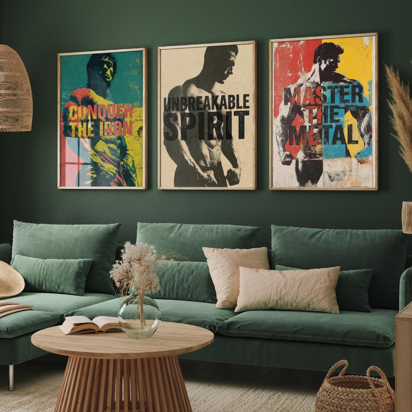 Bodybuilding Motivation Set of Three Art Prints - Conquer the Iron, Unbreakable Spirit, Master the Metal - Gym Quote Poster Illustration