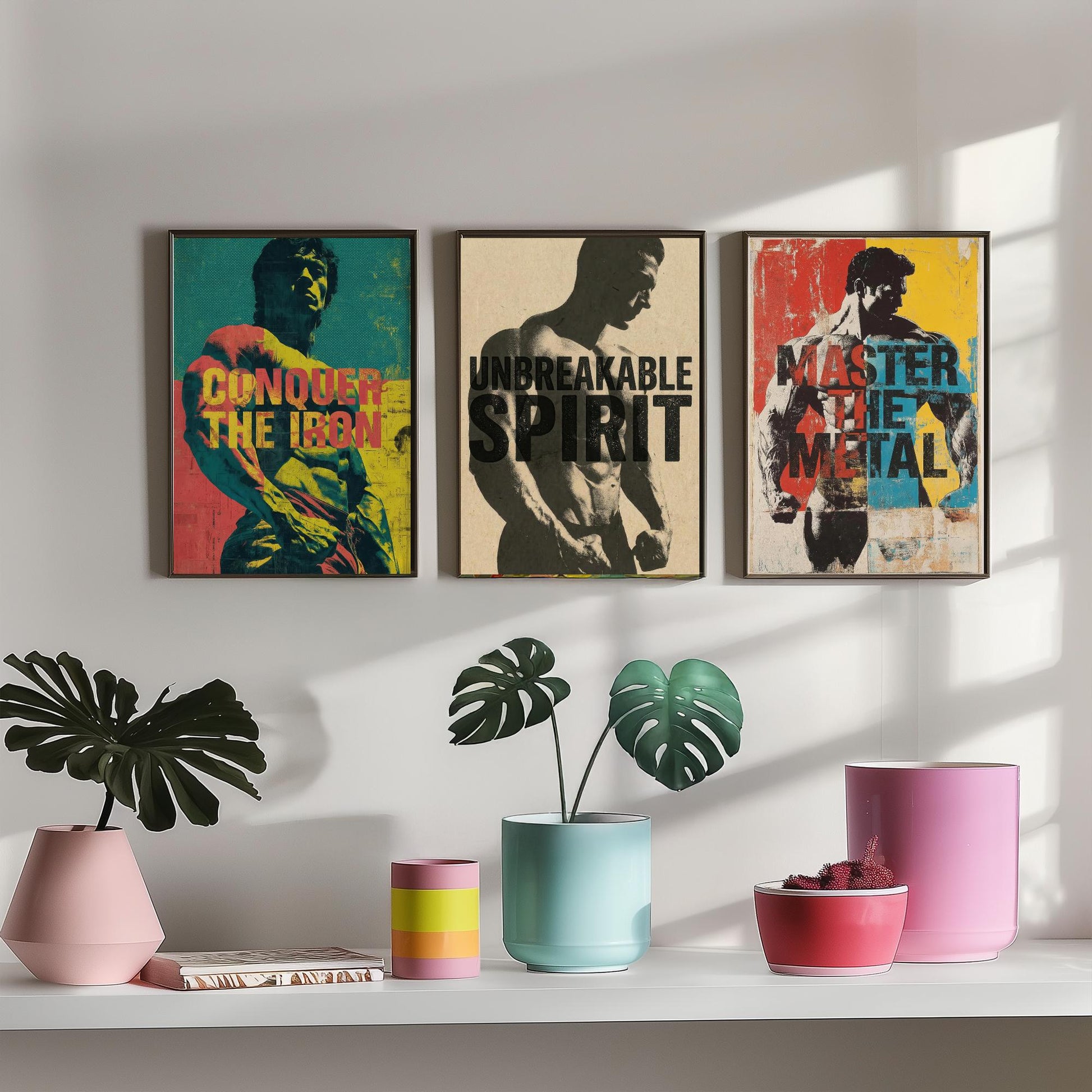 Bodybuilding Motivation Set of Three Art Prints - Conquer the Iron, Unbreakable Spirit, Master the Metal - Gym Quote Poster Illustration