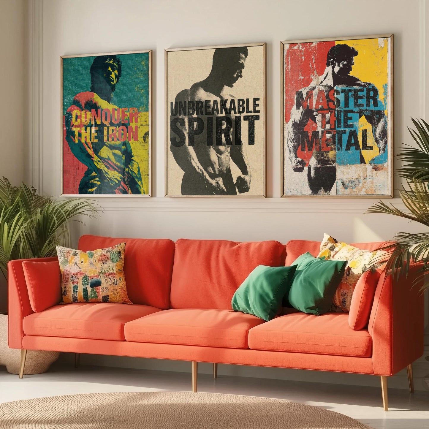 Bodybuilding Motivation Set of Three Art Prints - Conquer the Iron, Unbreakable Spirit, Master the Metal - Gym Quote Poster Illustration