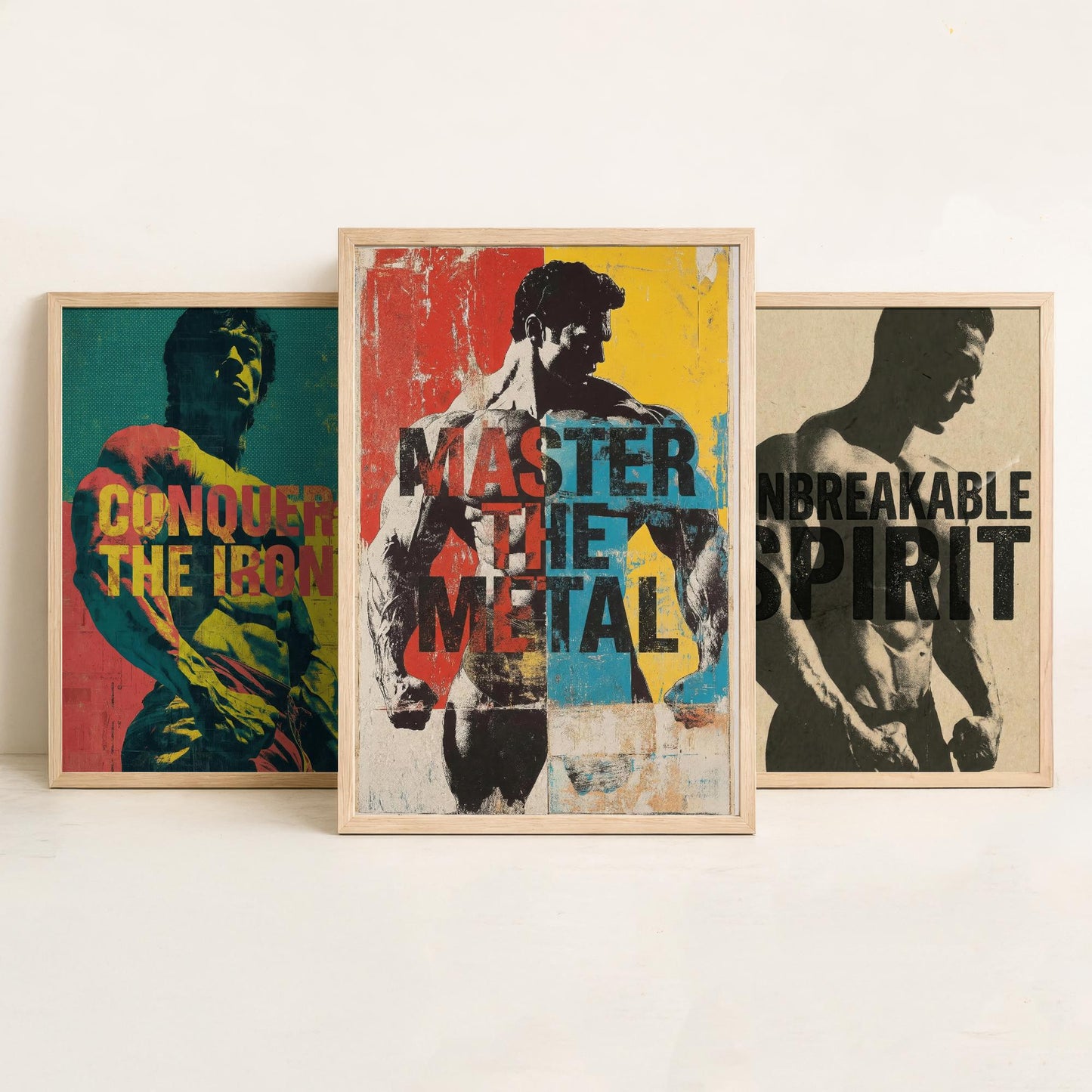 Bodybuilding Motivation Set of Three Art Prints - Conquer the Iron, Unbreakable Spirit, Master the Metal - Gym Quote Poster Illustration