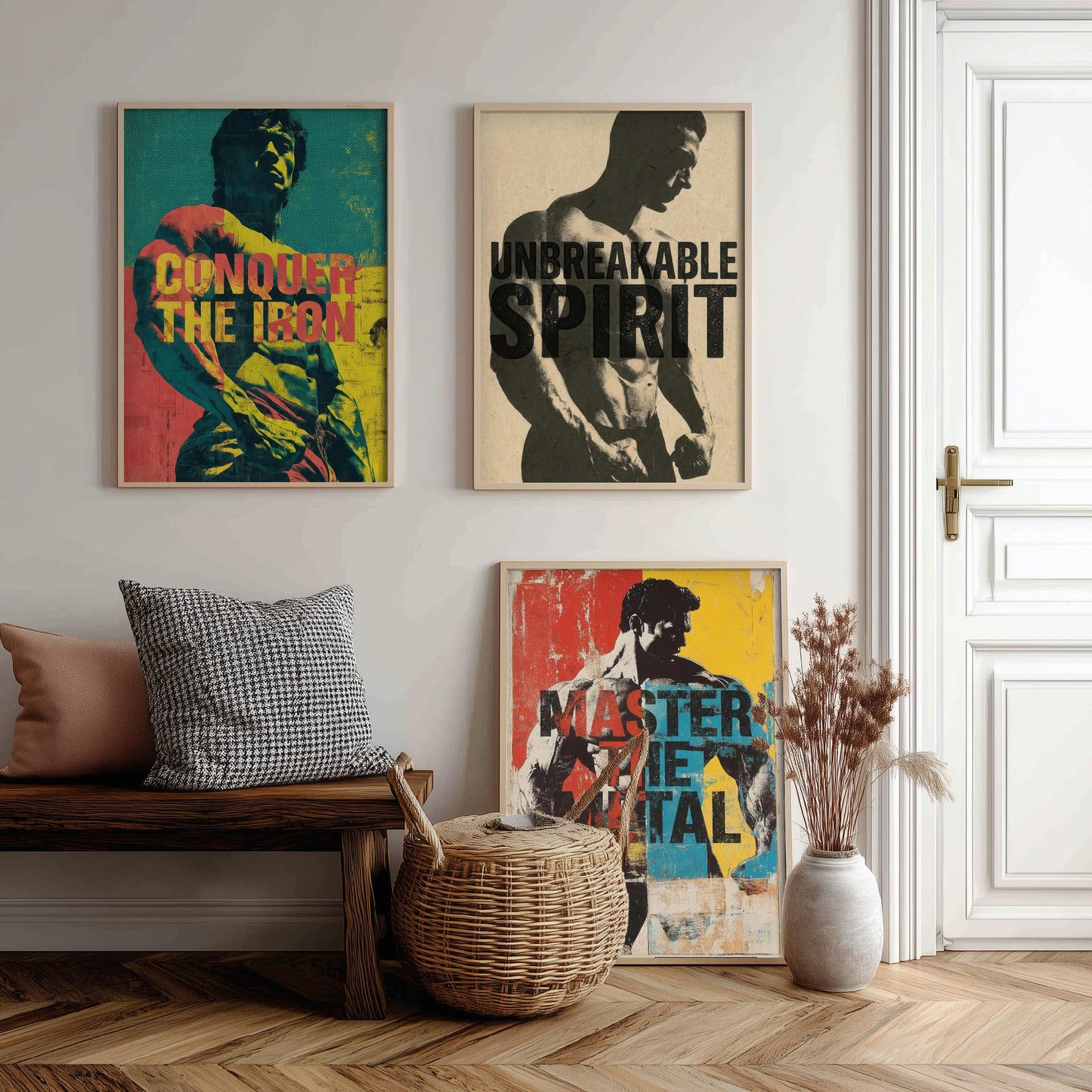 Bodybuilding Motivation Set of Three Art Prints - Conquer the Iron, Unbreakable Spirit, Master the Metal - Gym Quote Poster Illustration
